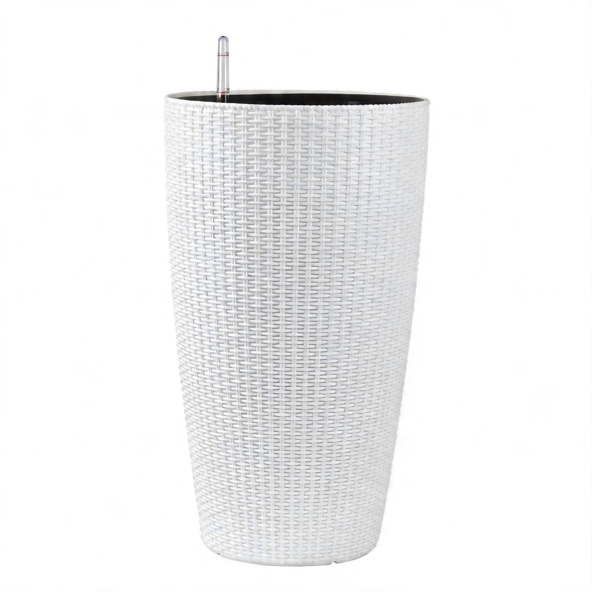 22" White Faux Rattan Planters – Self-Watering Tall Planters with Water Level Monitor, Polypropylene (Set of 2)