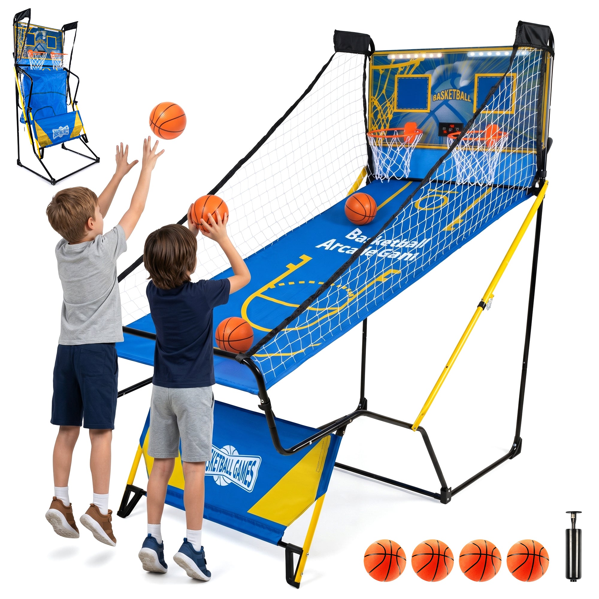Foldable Dual Shot Basketball Arcade Game – LED Electronic Scorer with 4 Balls & Pump, Indoor Family Fun for Kids & Teens