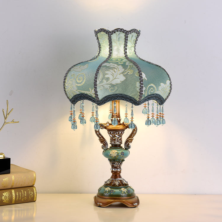Victorian Flower Table Lamp Floral Coquette Lamp with Vintage Lace Fabric Lampshade Beaded Fringe Antique Lovely Decorative Bedside Night Light for Bedroom Nightstand(Blue Victorian)