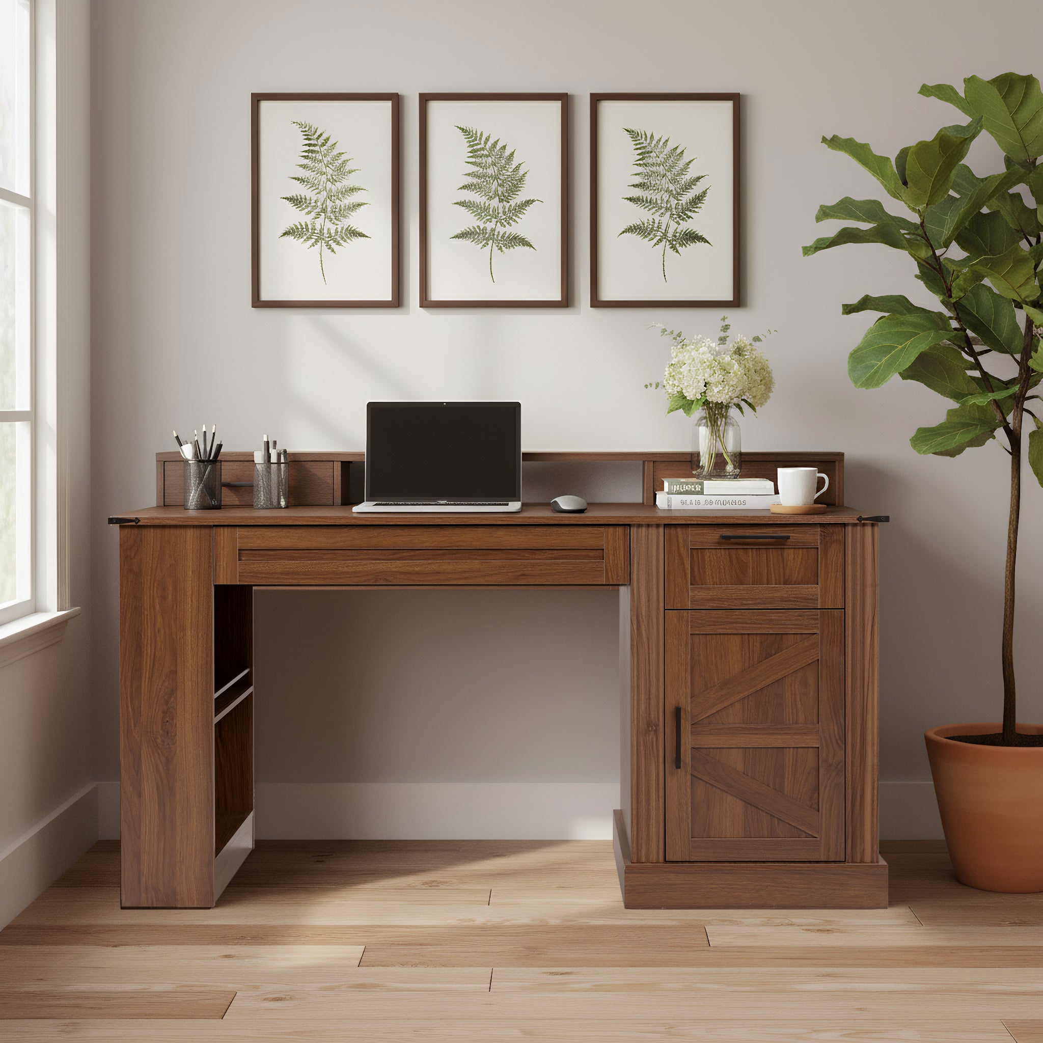 55" Farmhouse Office Desk – Dark Walnut Computer Desk with Charging Station, Barn Door Design & Keyboard Tray