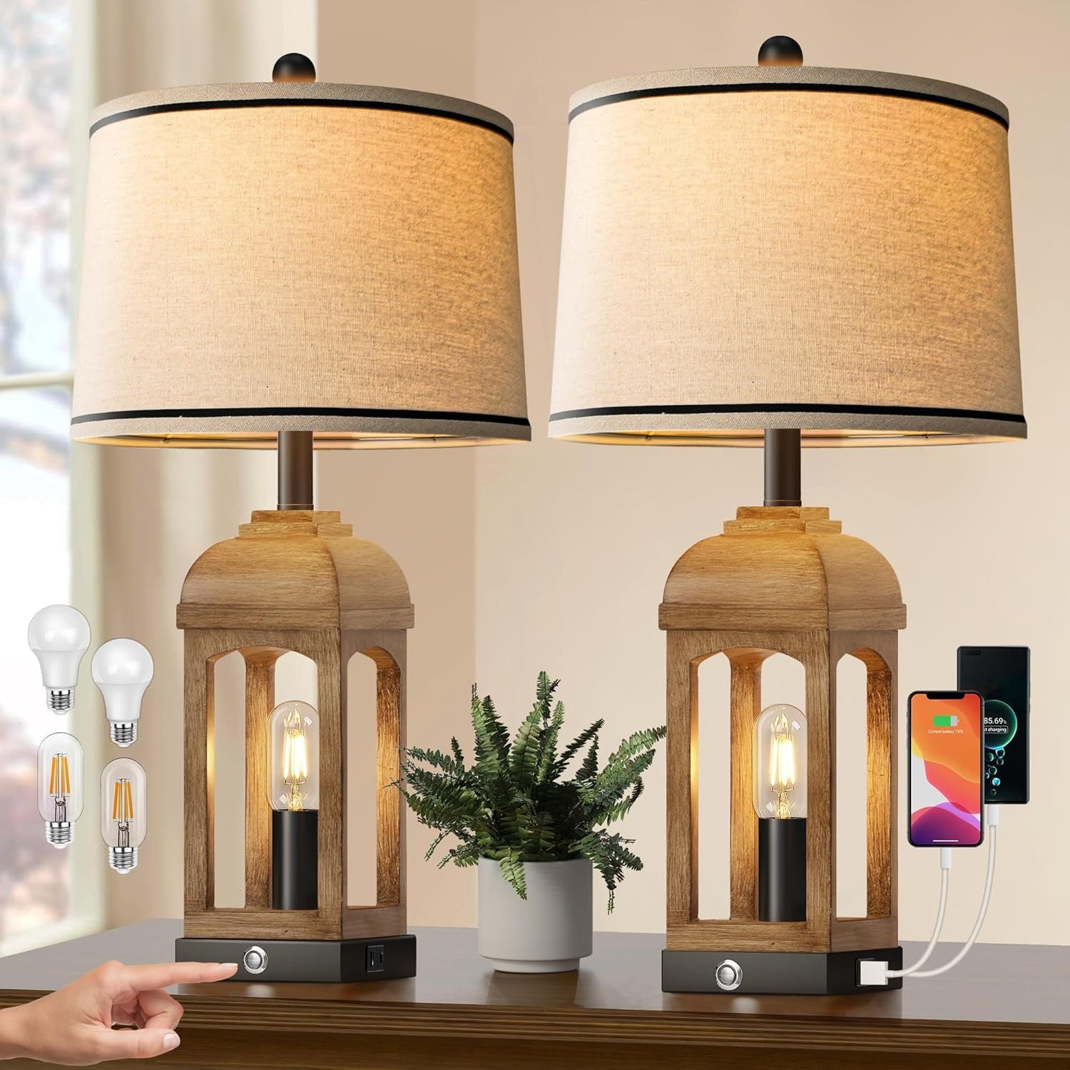Table Lamp for Living Room, Farmhouse Lamps Set of 2 with USB A+C and Nightlight, 26' Rustic Bedside Lamps with 3-Way Dimmable Touch Control, Nightstand Lamp for Bedroom Decor, Wood Grain