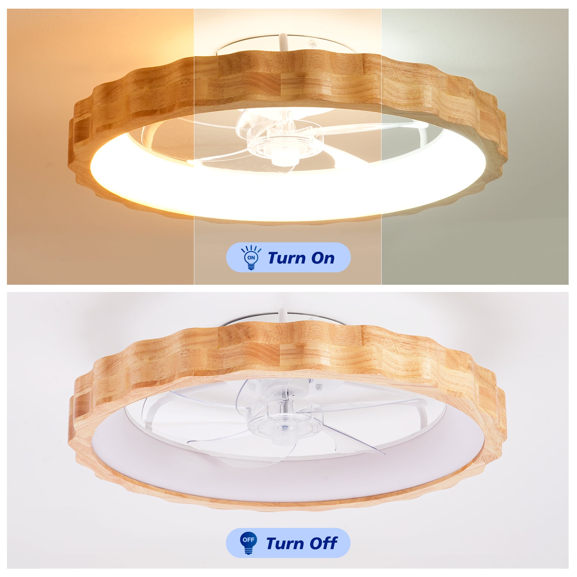 A ceiling fan light fixture shown in two states: illuminated on the top and unlit on the bottom. The fixture has a natural wood scalloped outer rim, a white inner shade, and a clear central fan.