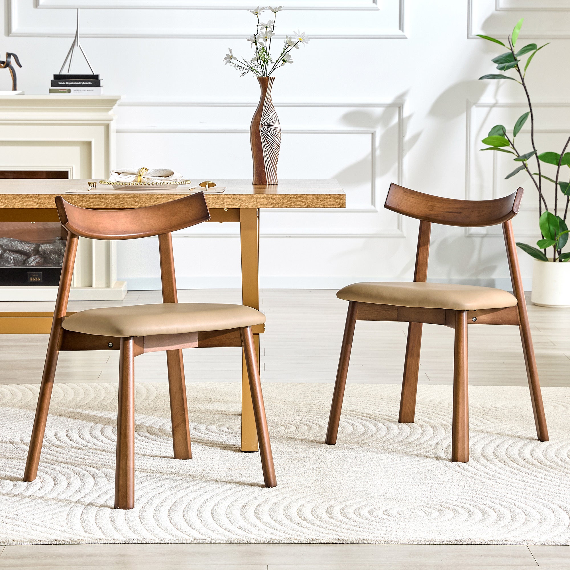 2 walnut colored solid wood dining chairs, with khaki PU soft cushions and curved backrests that fit the curves of the back, suitable for home dining.