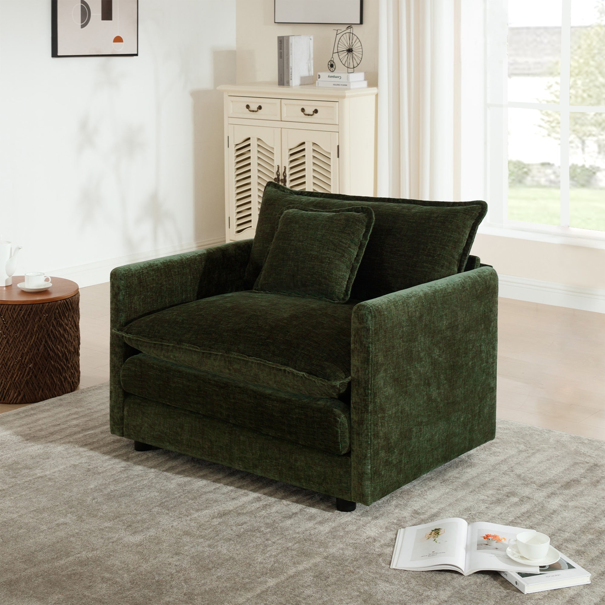 Green Chenille Deep Seat Armchair – Comfy Upholstered Reading Chair with Toss Pillow, Single Sofa for Living Room