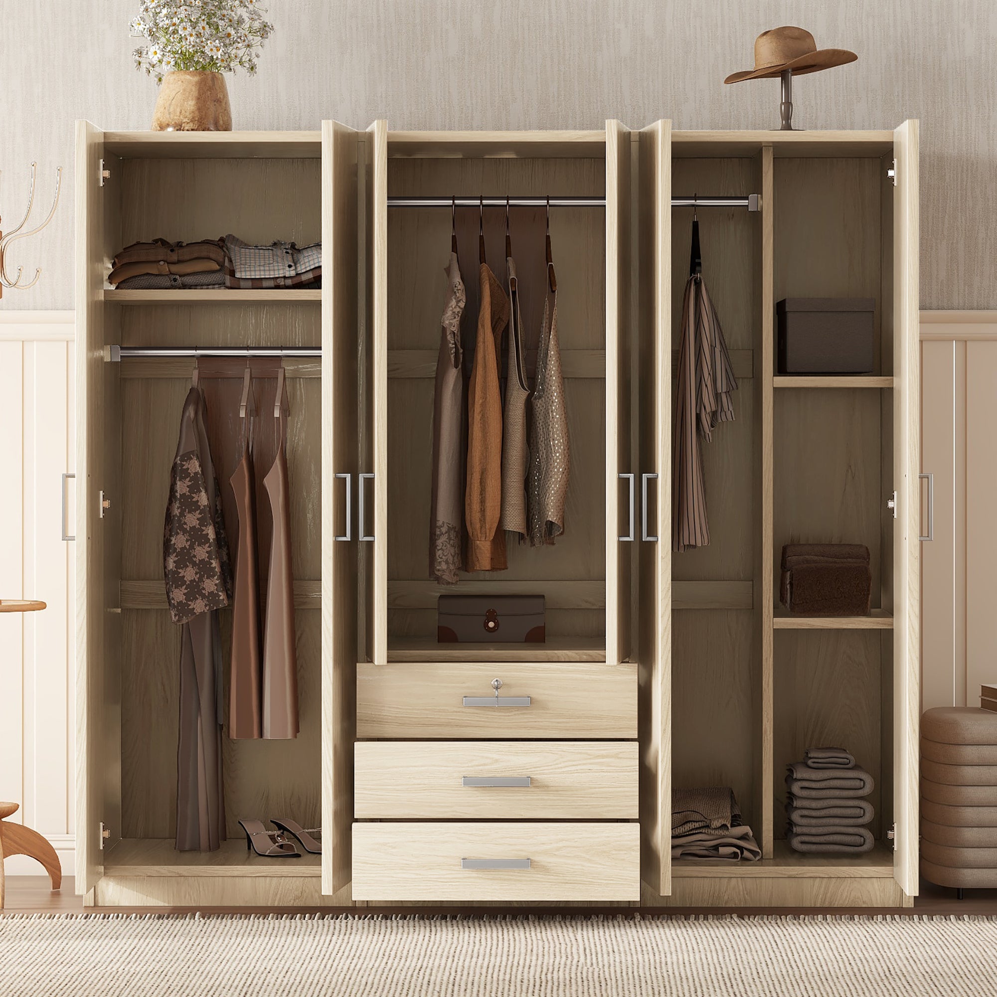 6-Door Wooden Wardrobe Closet – Bedroom Armoire with Large Drawers, Natural Wood Finish