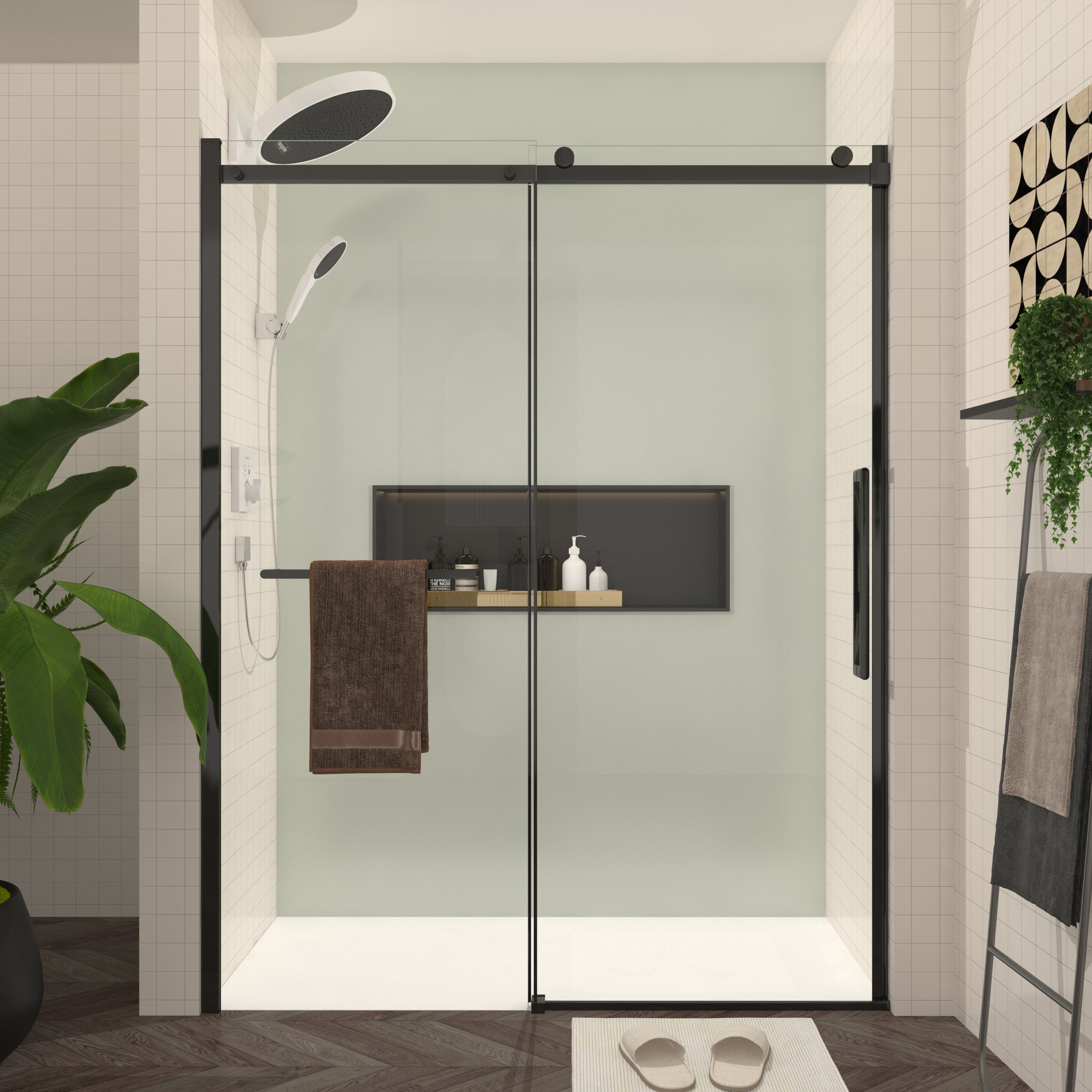 56-60'W x 76'H Sliding Shower Door, 8mm Frameless Glass Shower Door with Matte Black Hardware, Towel Bar and Handle,Drop Shipping available