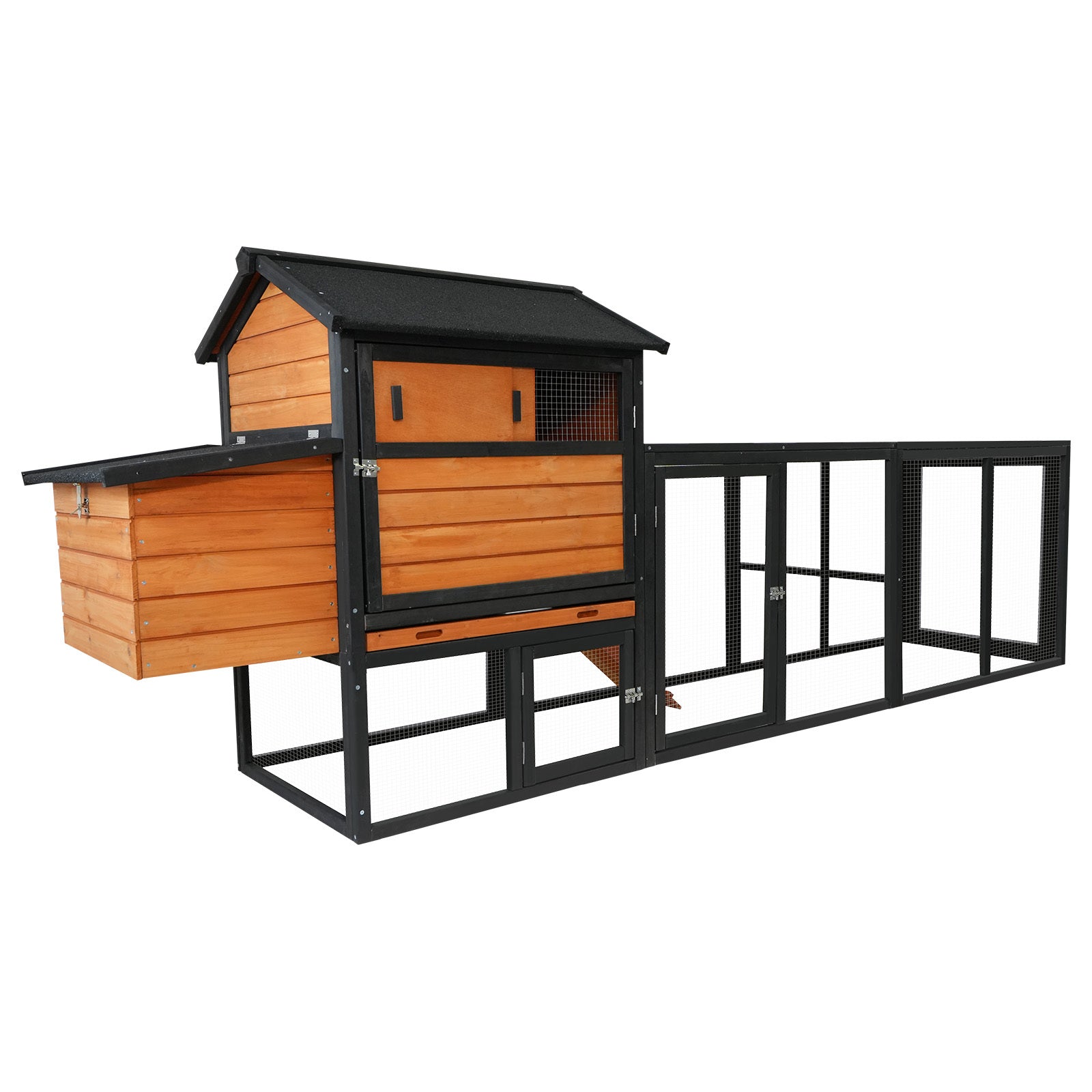 Brown+black Wooden Chicken Coop, Large Outdoor Hen House with Run and Nesting Box Poultry Cage, Rabbit Hutch, Waterproof Anti-UV Panel for Backyard