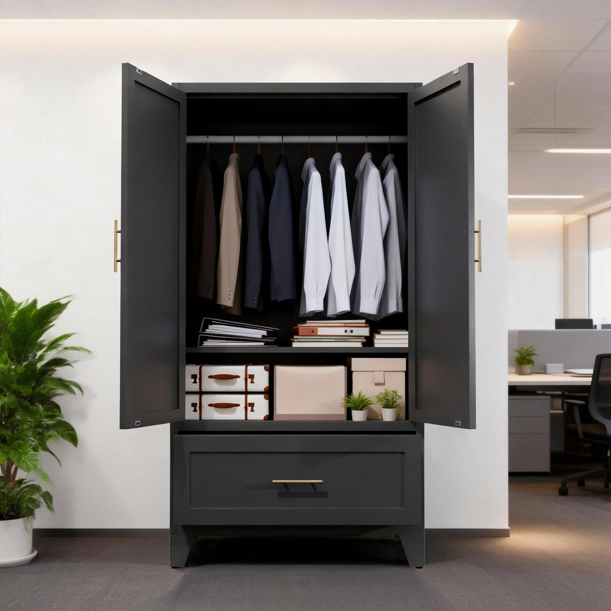 60" Black Metal Wardrobe Cabinet – 2-Door Armoire with Hanging Rod, Shelf & Drawer for Bedroom, Office & Entryway