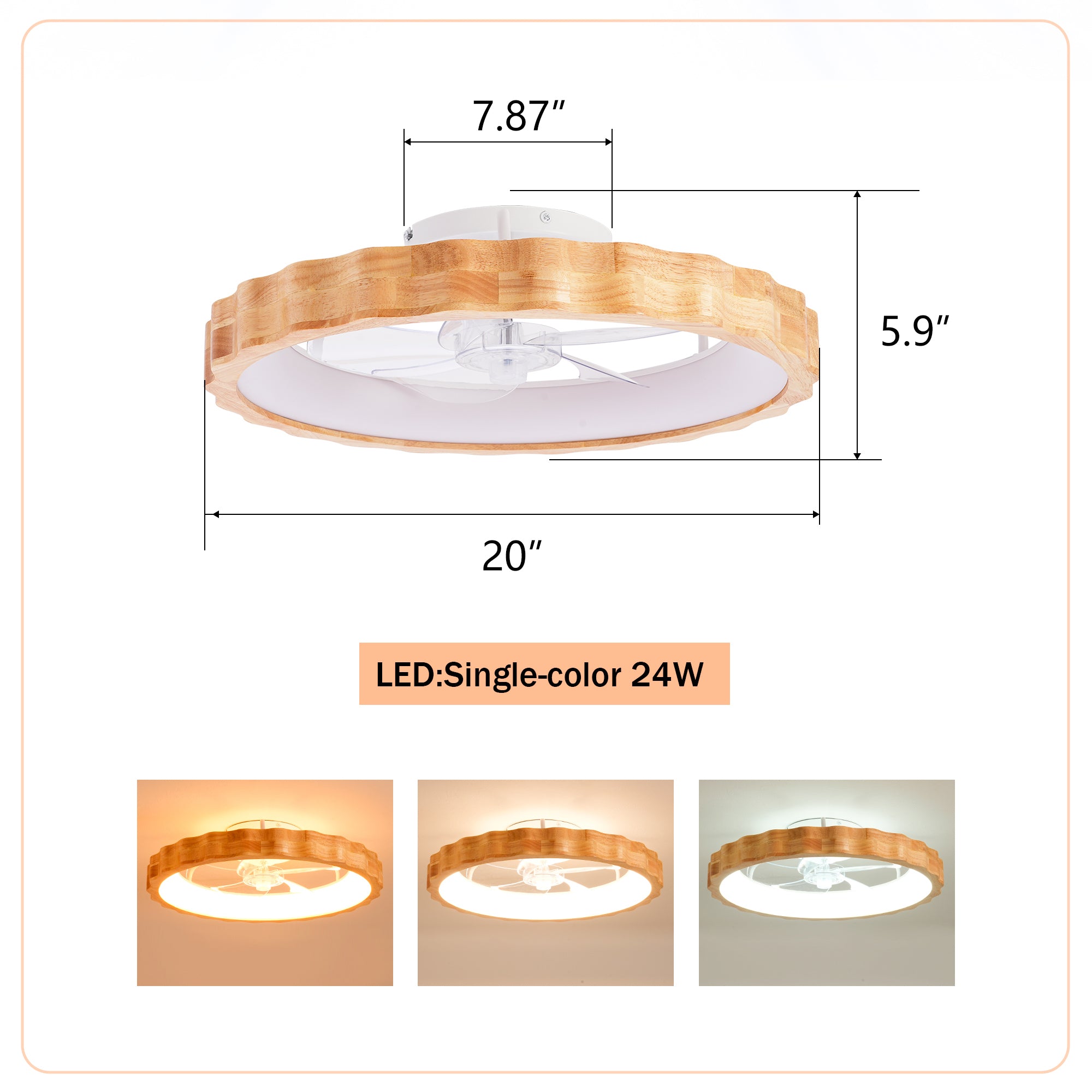A ceiling fan light fixture shown with dimension annotations: 20 inches wide, 7.87 inches deep, and 5.9" height