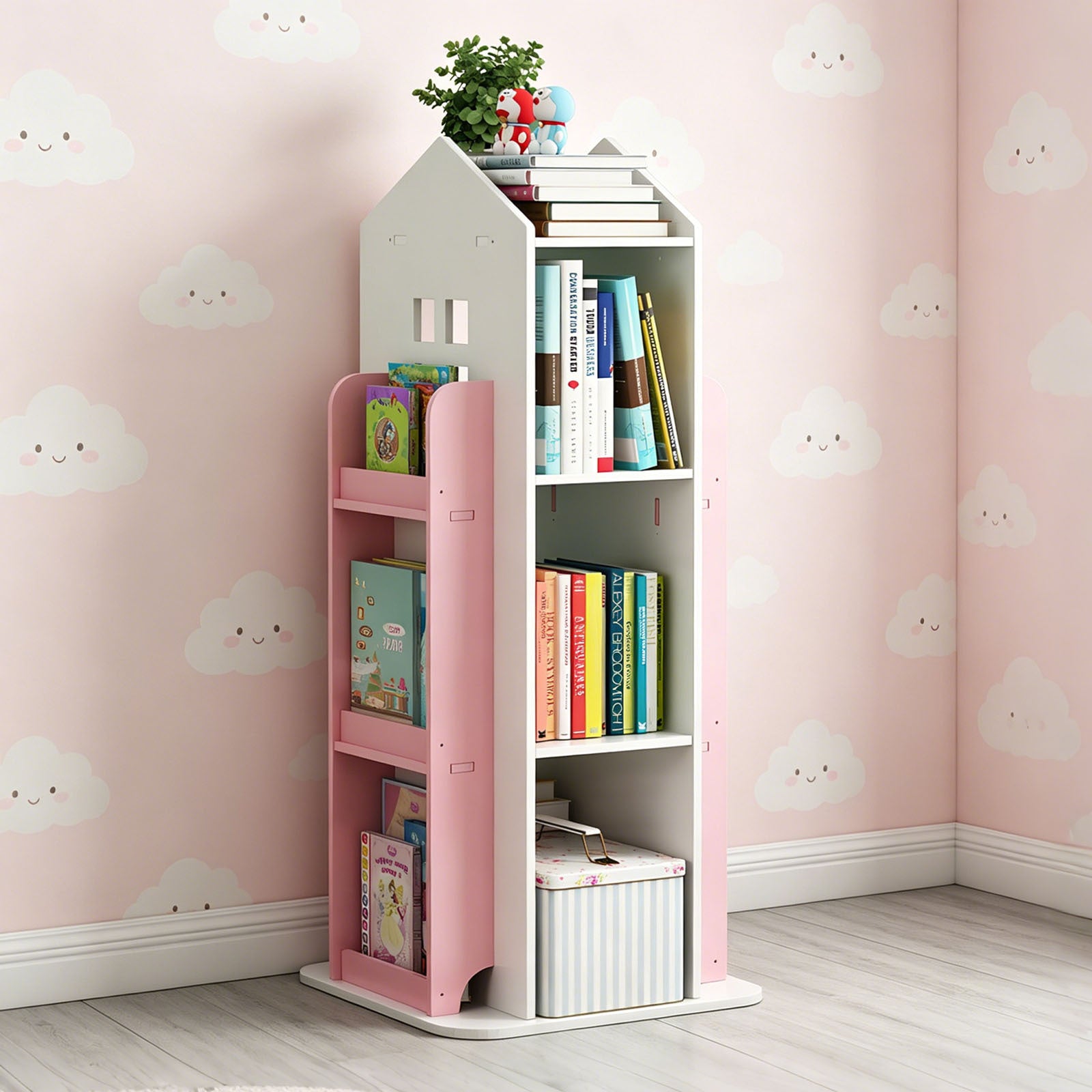 4-Tier Rotating Bookshelf, 360° Display Book Shelf, Floor Standing Bookcase, Children's Bookshelves for Bedroom, Living Room, Study Room ( PINK Color )