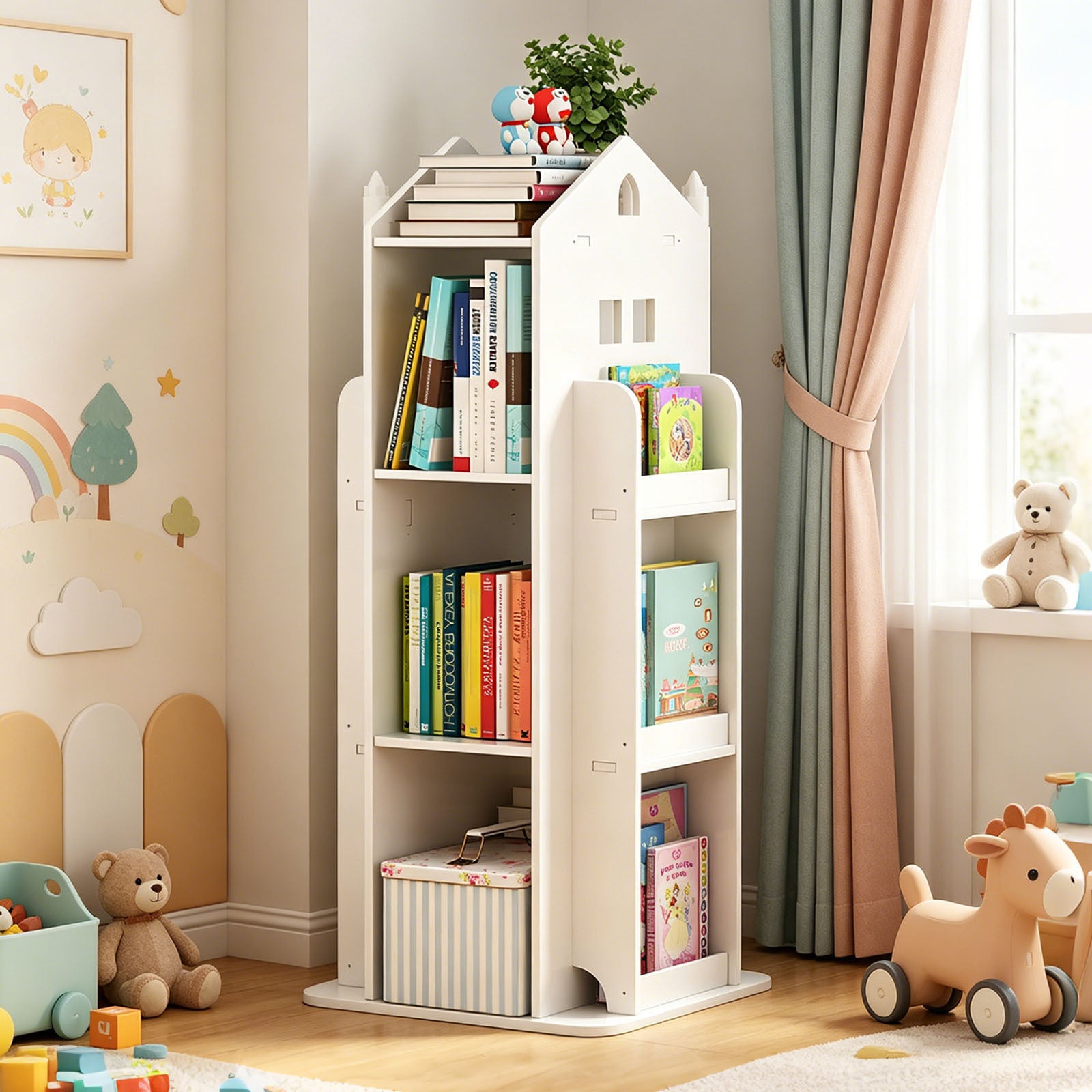 4-Tier Rotating Bookshelf, 360° Display Book Shelf, Floor Standing Bookcase, Children's Bookshelves for Bedroom, Living Room, Study Room ( WHITE Color )