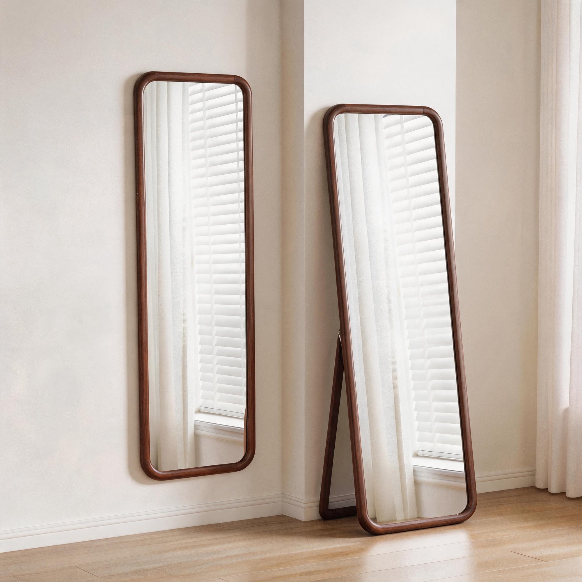 Full Length Mirror, Solid Beech Wood Frame Floor Mirror, Freestanding Mirror with Stand, Large Body Mirror for Bedroom Living Room Dressing Room, Walnut Finish