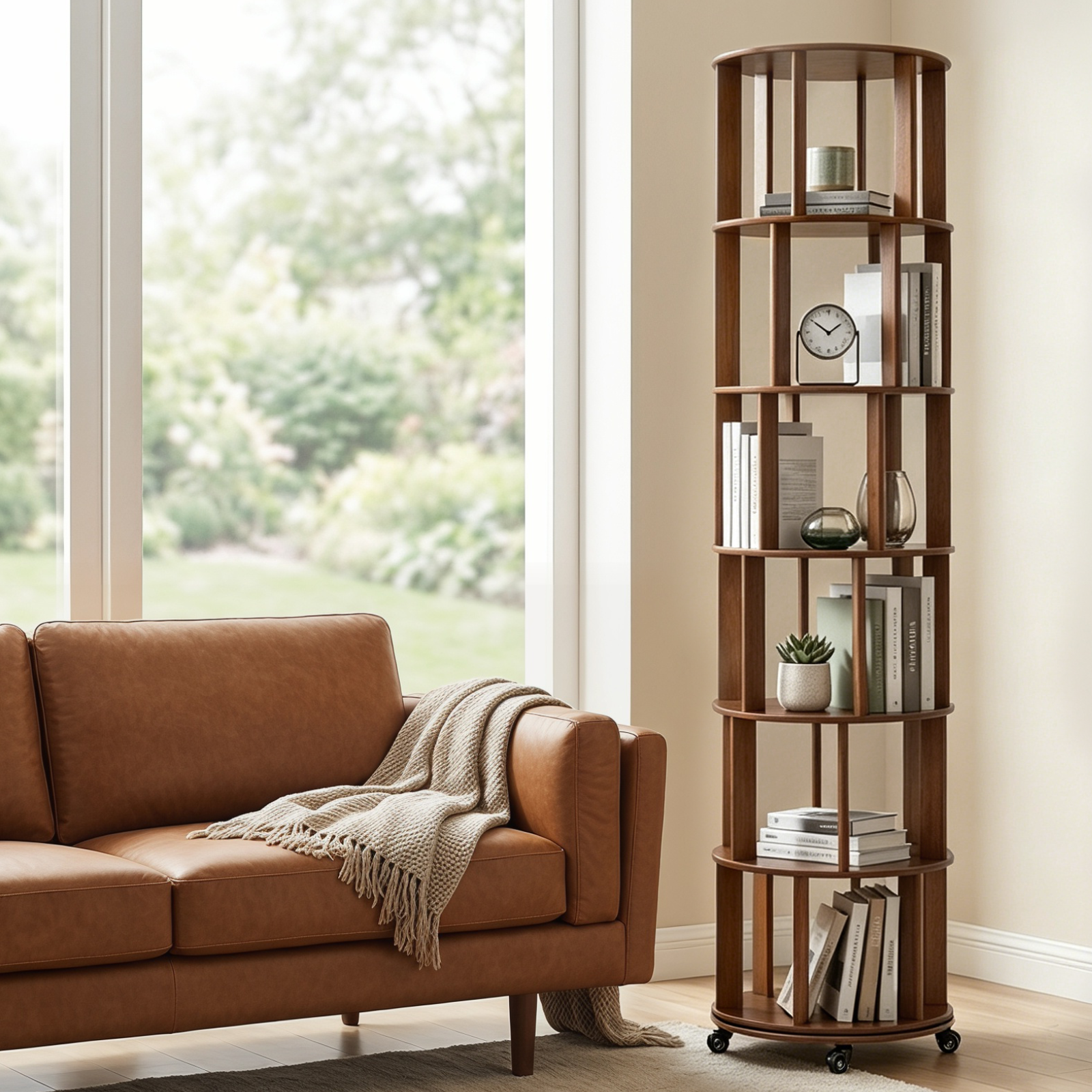 6 Tier Rotating Bookshelf, Solid Wood Rotating Bookshelf Tower with Wheels, 360° Display Round Spinning Bookshelf for Small Spaces, Corner, Bedroom, Living Room, Home, Office, Walnut