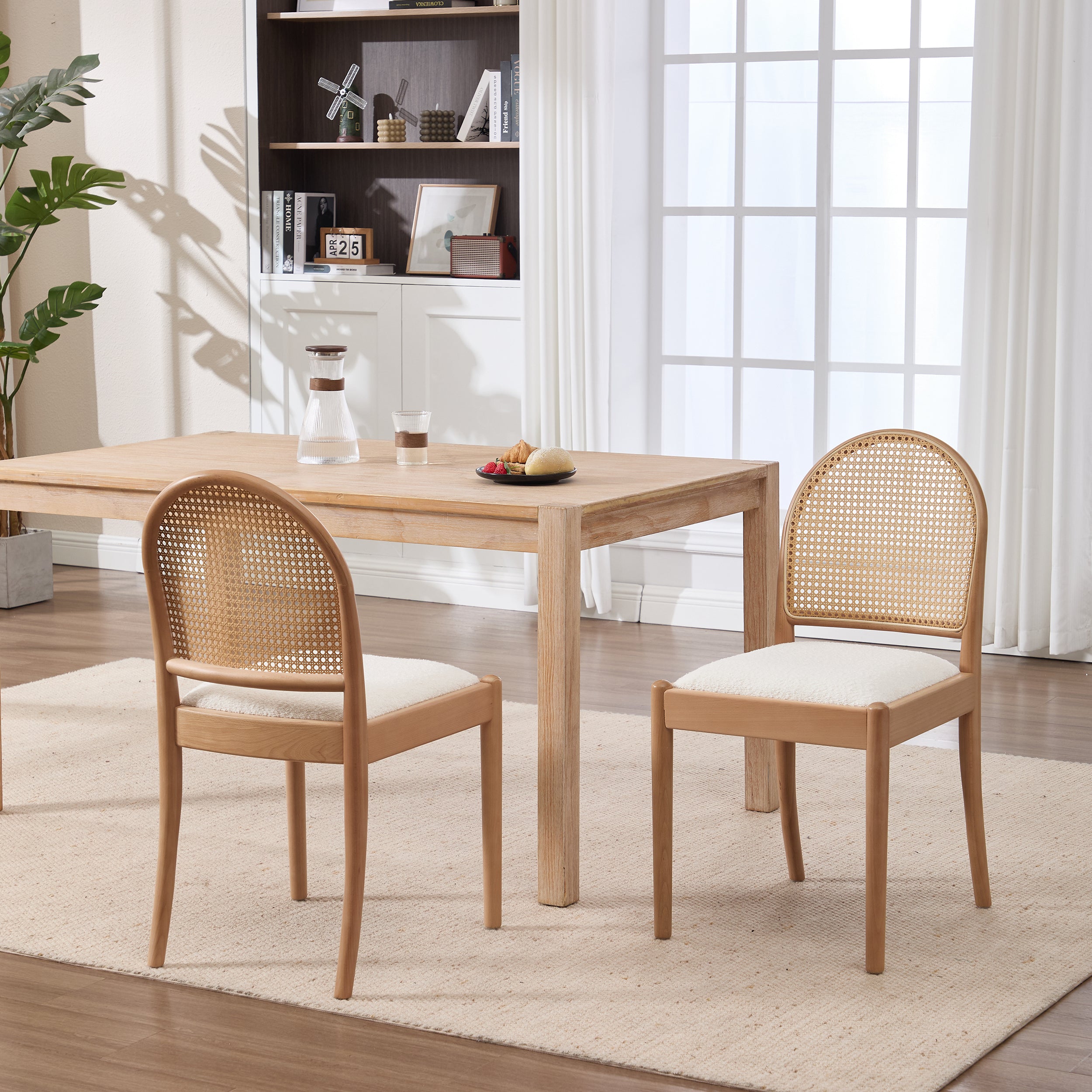 Beige Rattan Dining Chairs Set of 2 – Upholstered Linen Kitchen Chairs with Wood Legs & Backrests