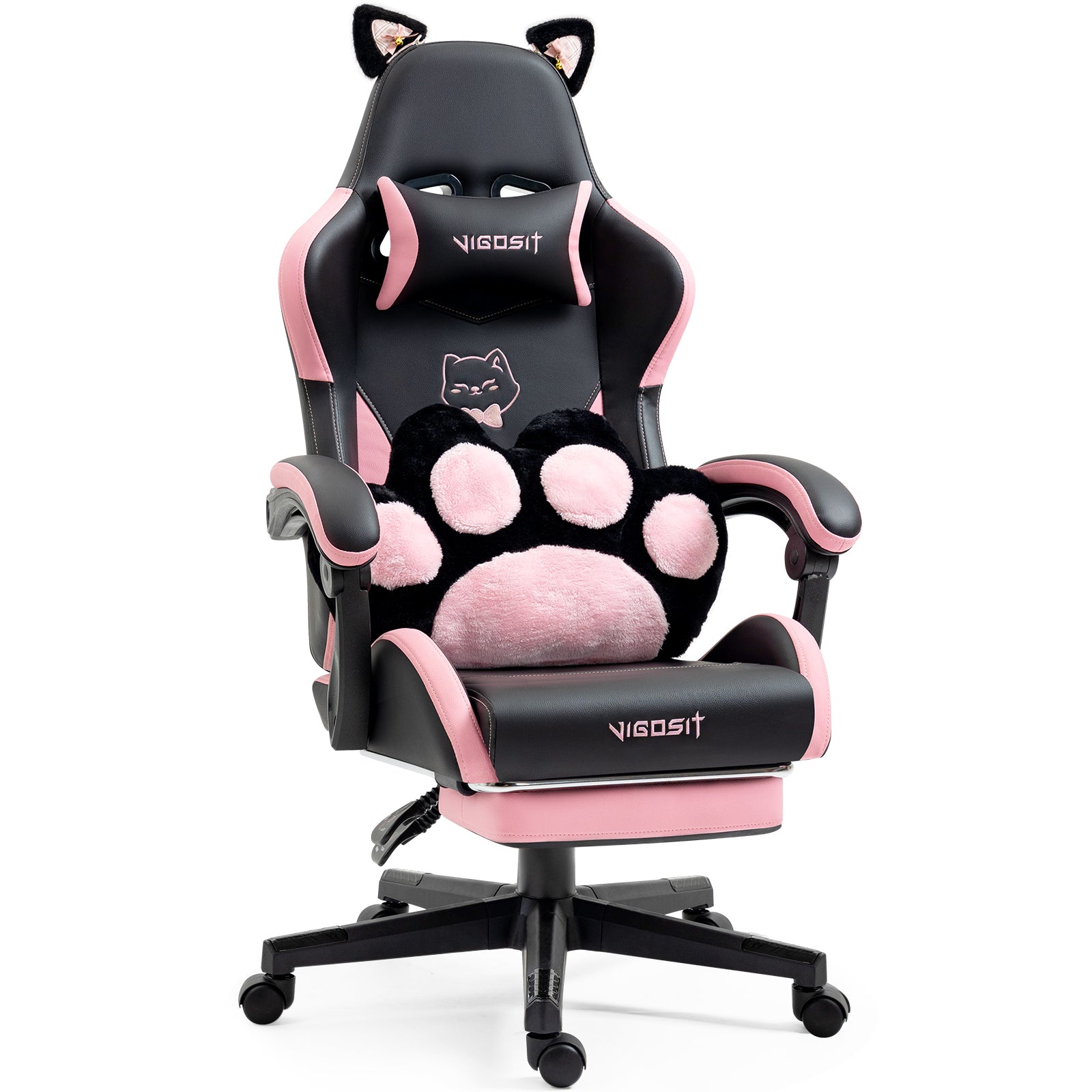 Cute Cat Gaming Chair – Ergonomic PC Chair with Paw Lumbar Cushion for Girls, Teens & Women (Black)