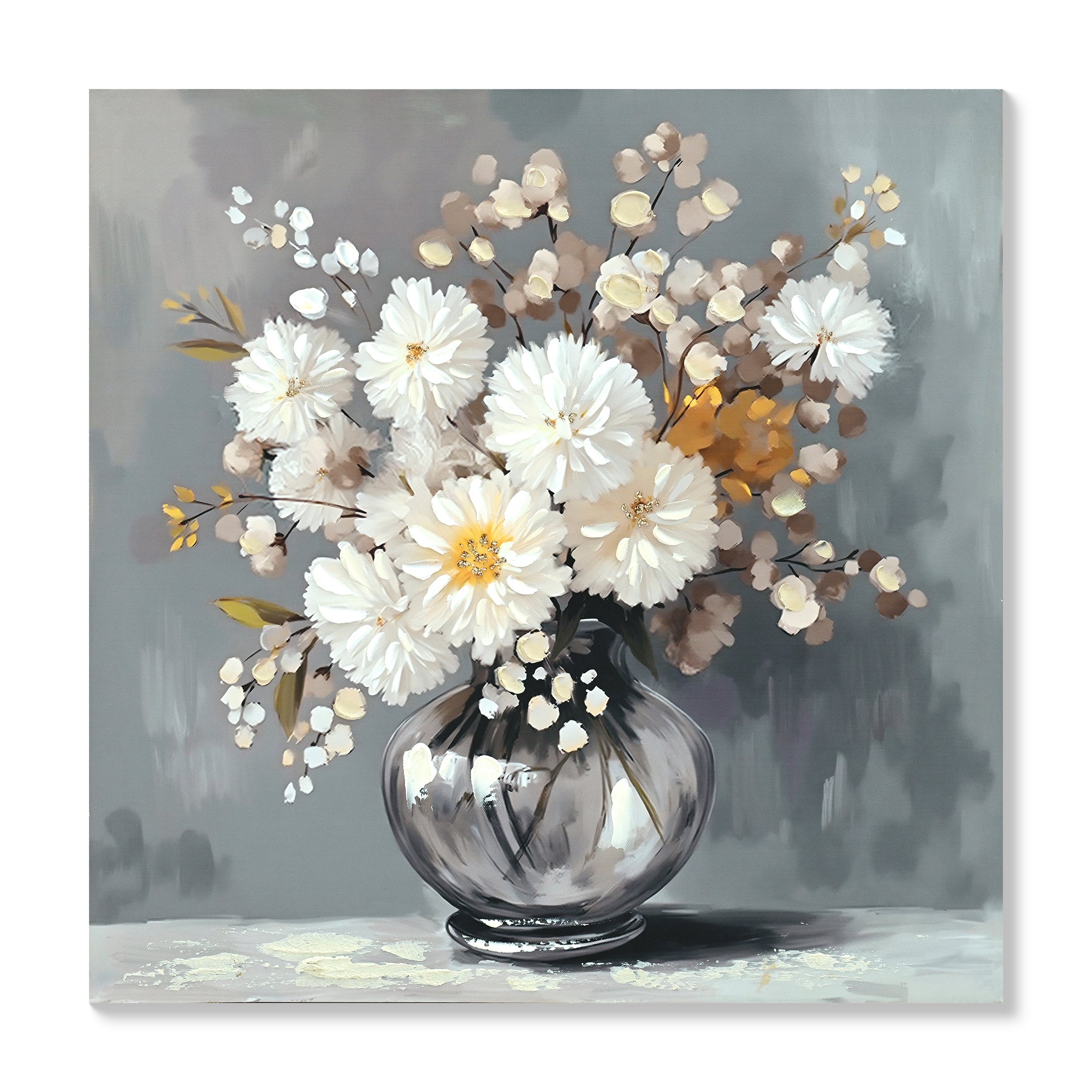 White Chrysanthemum Glass Vase Canvas Wall Art Bathroom Decor Country Style Wall Decor Pictures Farmhouse Vintage Artwork Green Botanical Posters Prints for Bathroom Bedroom Decoration 24*24inch