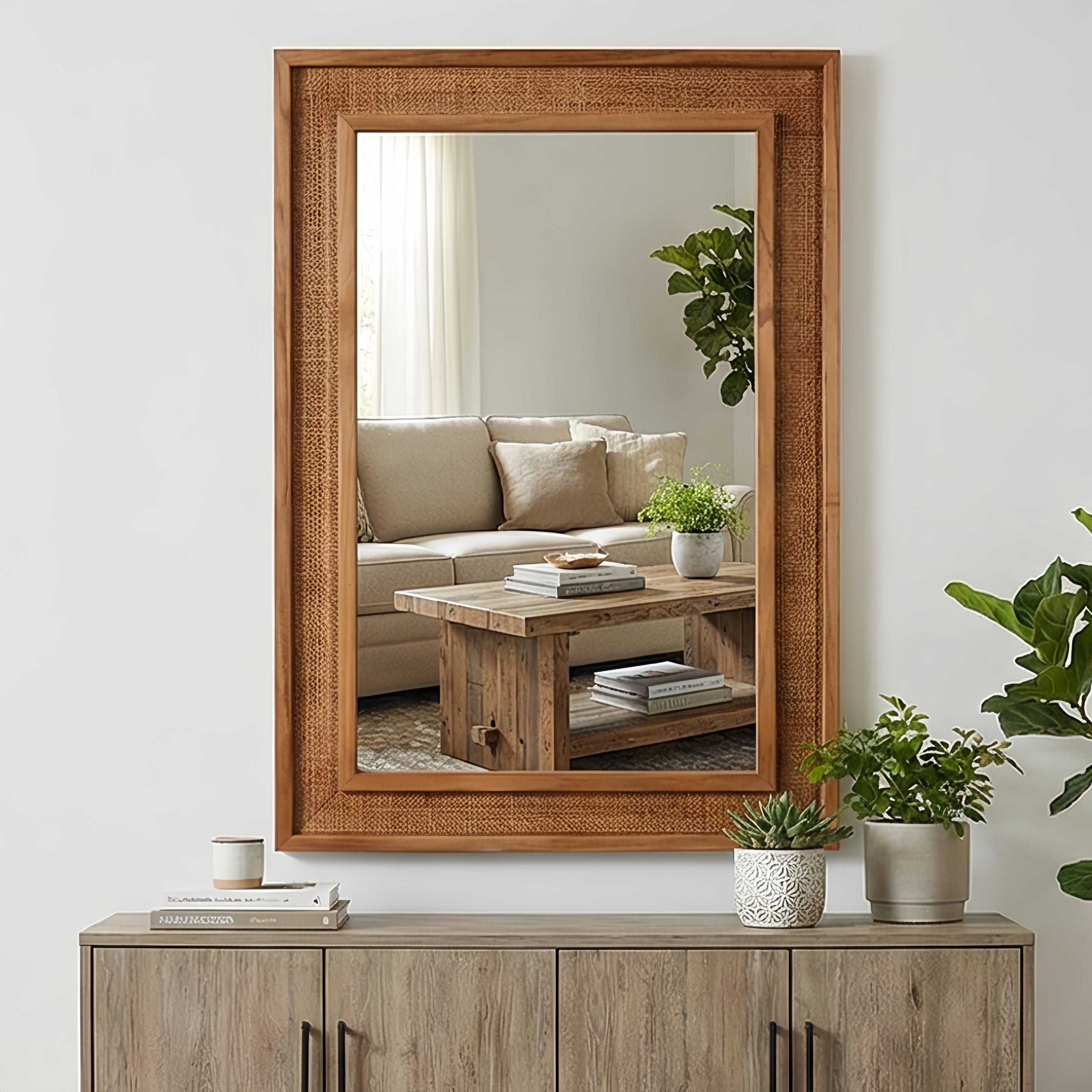 Yellowish Brown 20'x30' Rattan Rectangle Solid Wood Frame Decorative Mirror,For Farmhouse,Bathroom,Home Decor,Entryway