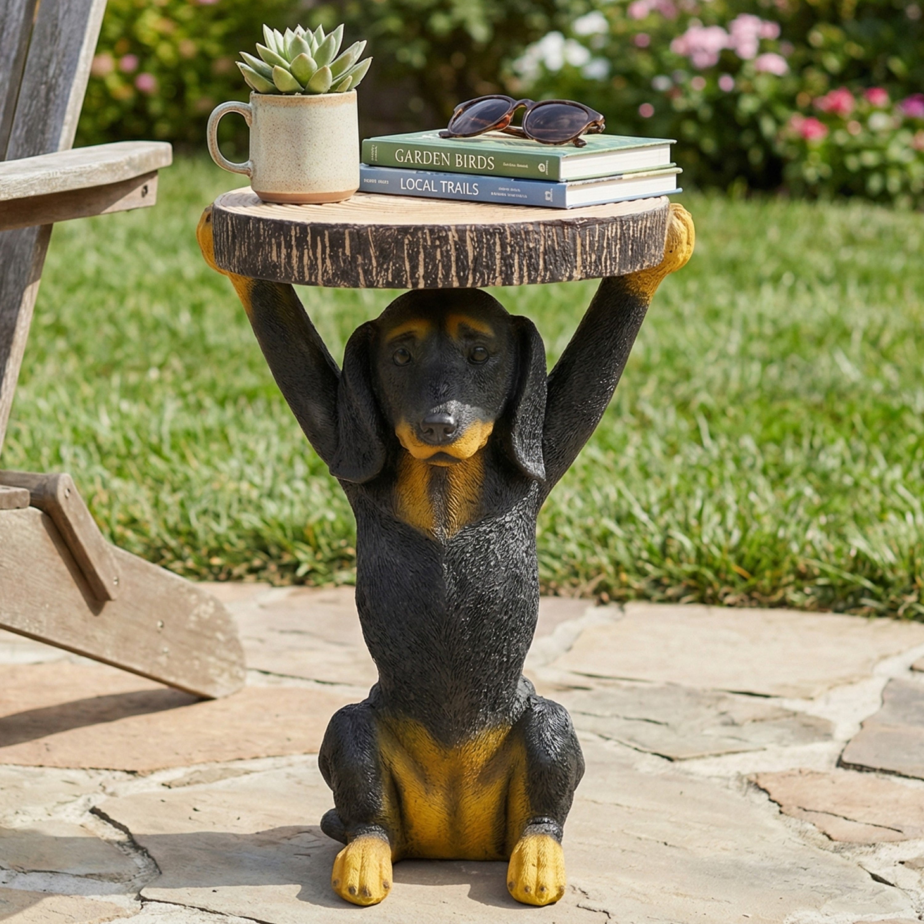 22" Black Dog Statue Side Table – MGO Pedestal End Table Stool, Hand-Painted Sculpture for Home & Patio