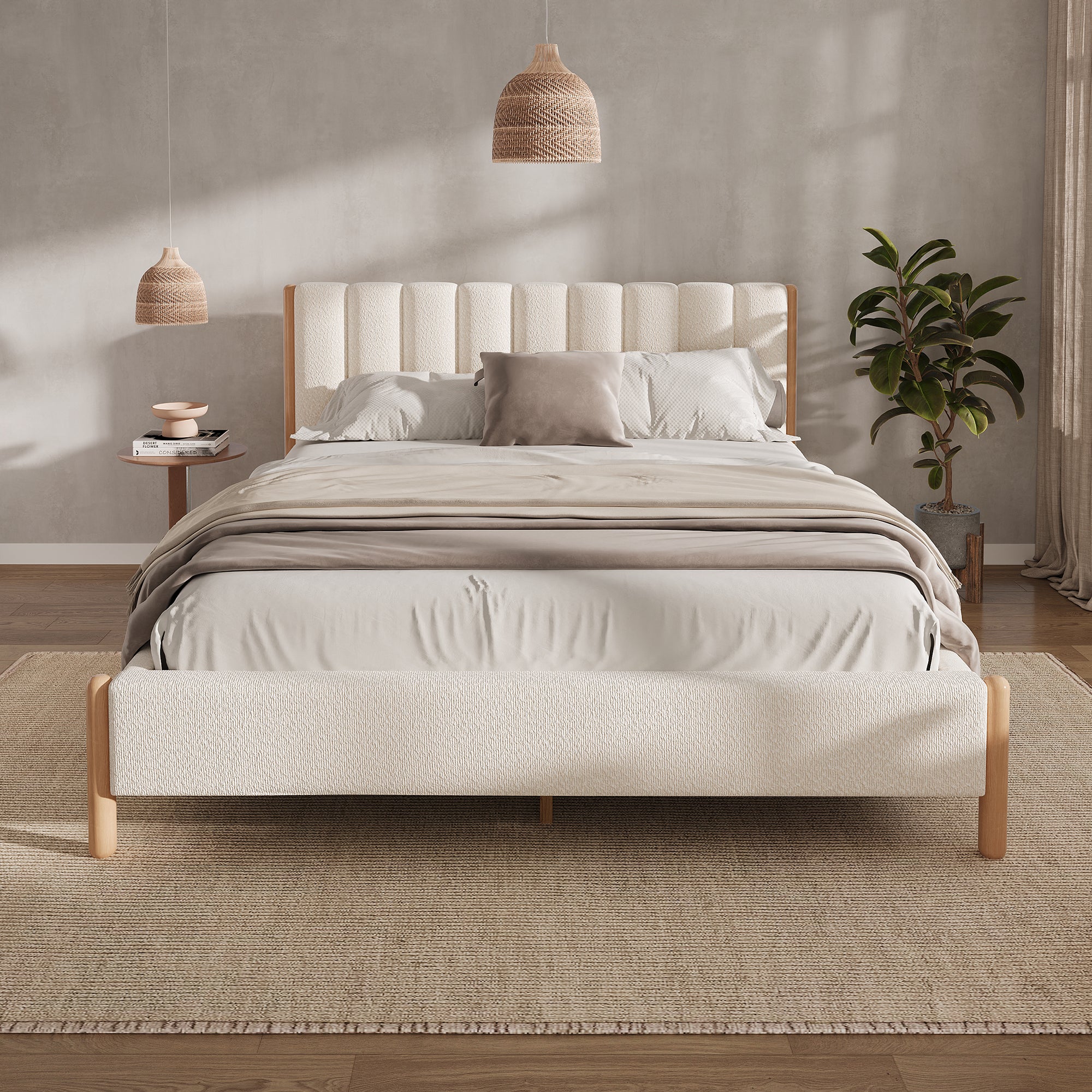 Queen Boucle Bed Frame – Upholstered Thick Headboard with Solid Wood Legs, White