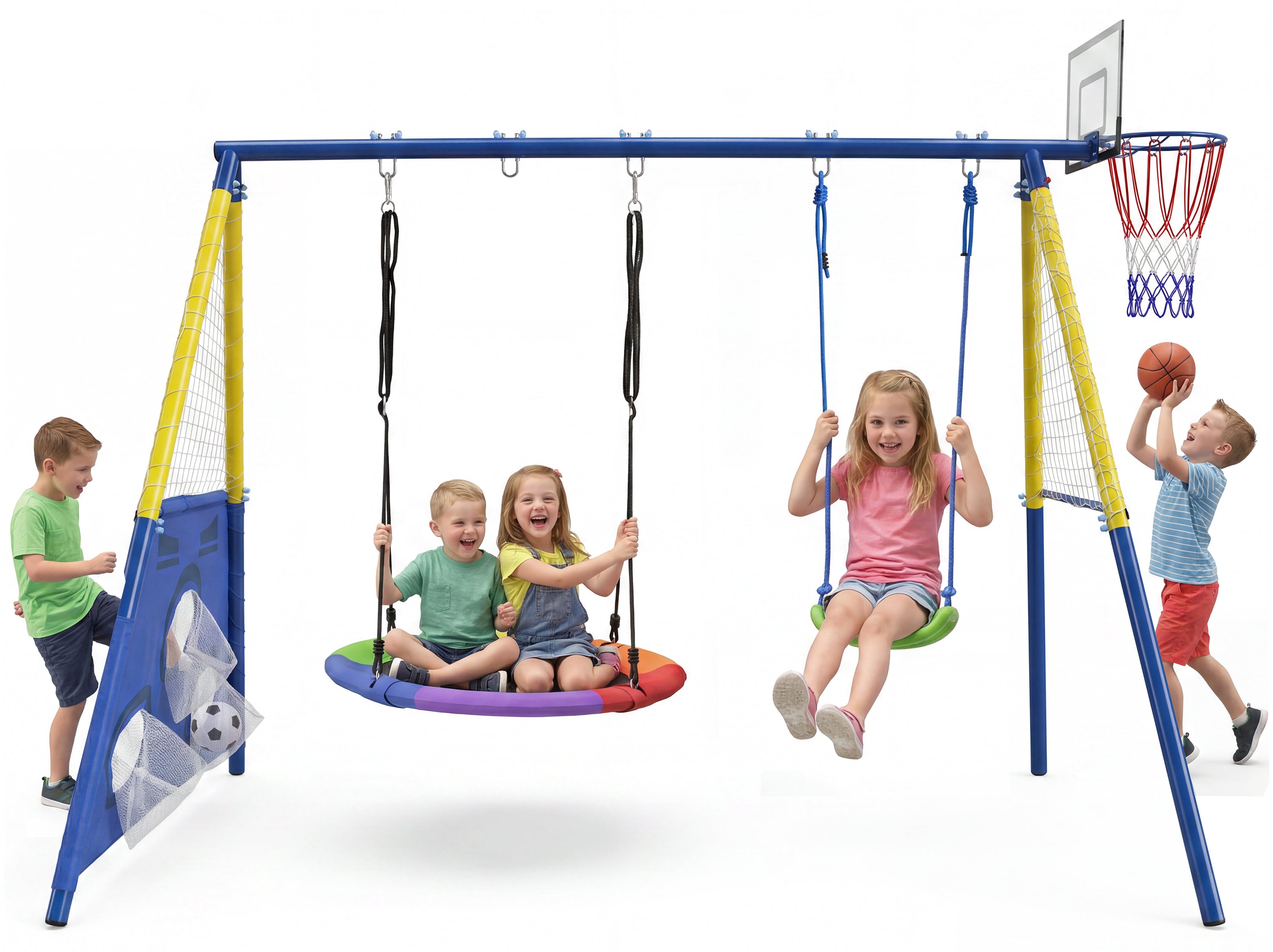 5-in-1 Kids Swing Set with Saucer Swing, Belt Swing, Basketball Hoop & Soccer Goal, Heavy Duty Metal Frame Backyard Playground for Toddlers & Kids Ages 3-10