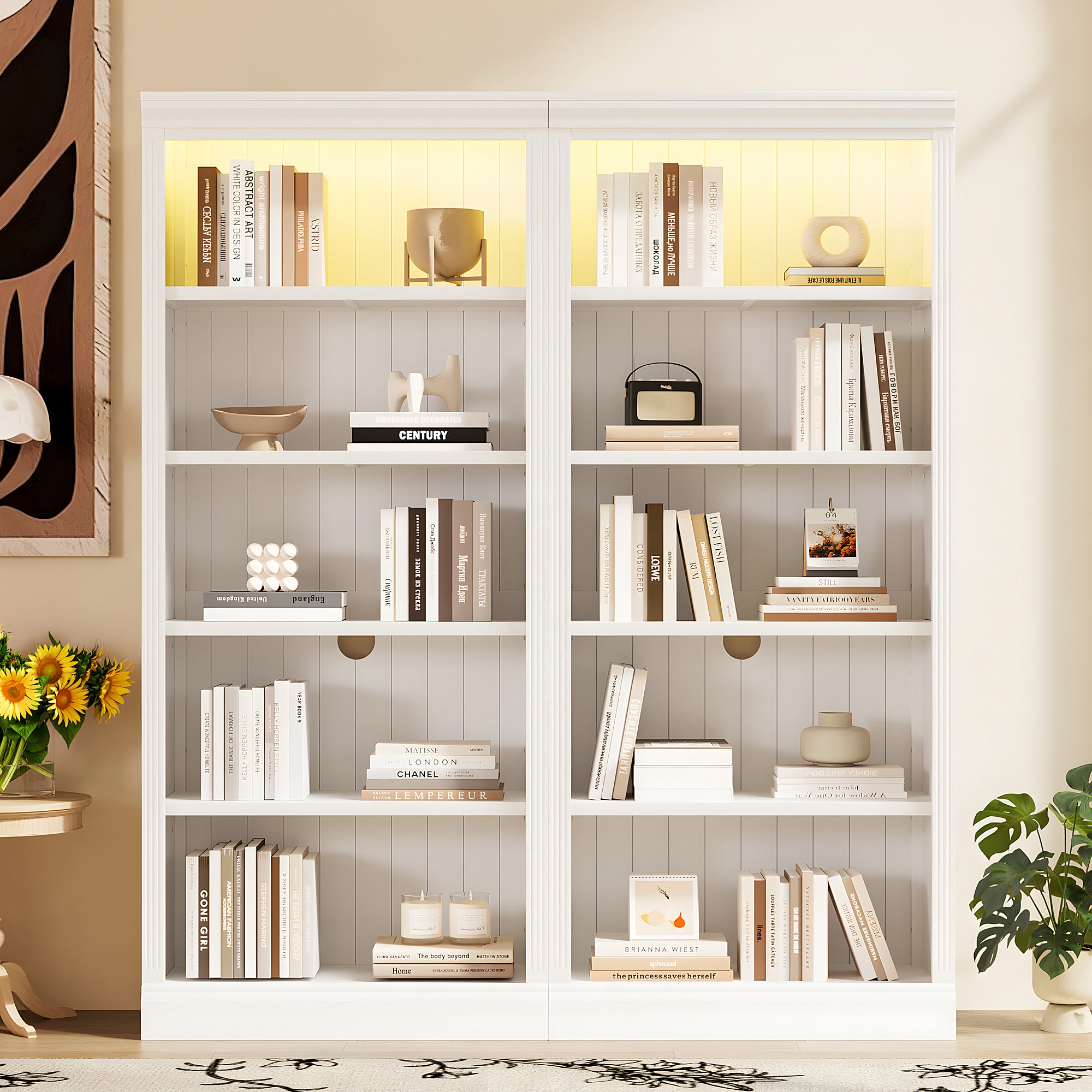 83" White Tall Bookcase with LED Light – 5-Tier Display Shelves with Adjustable Shelves, Free-Standing Storage for Living Room & Home Office