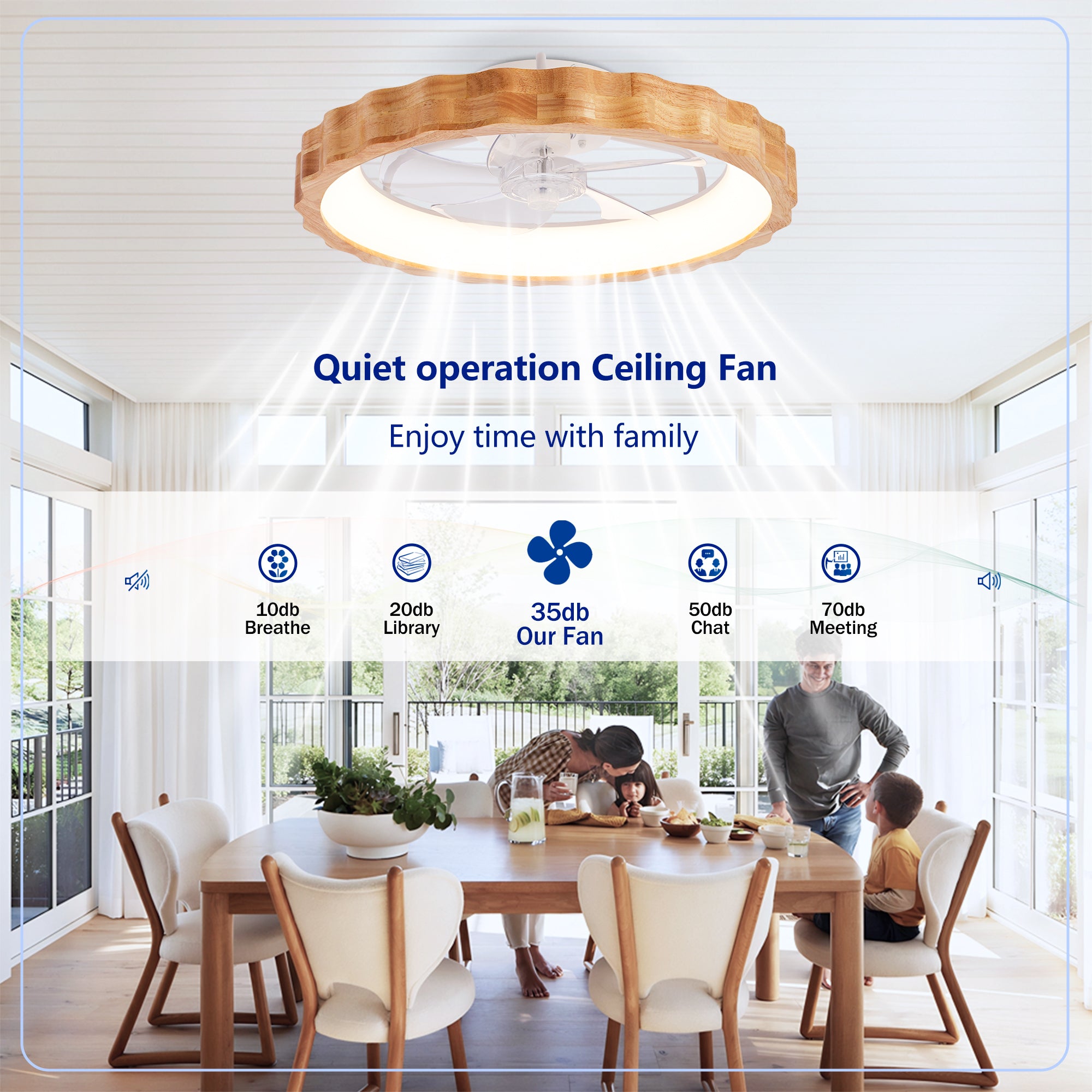 A round wooden ceiling fan with integrated LED lighting