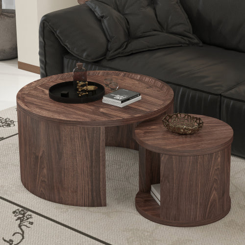 Round Nesting Coffee Table Set of 2 – 31.5" & 18" Modern Stacking Side Tables with Wood Top, Minimalist Center Table for Living Room, Bedroom & Small Apartment