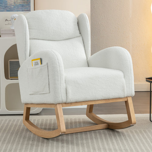 Teddy Fabric Rocking Chair With Packet Wood Legs,Green/Ivory/Dark Gray