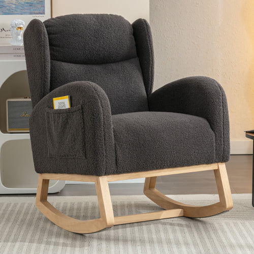 Teddy Fabric Rocking Chair With Packet Wood Legs,Green/Ivory/Dark Gray