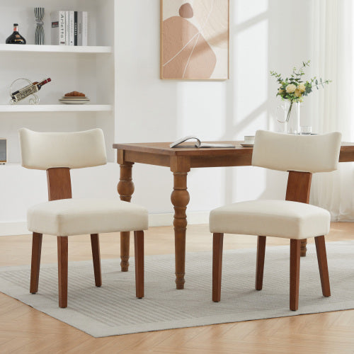 Set of 2 Fur Fabric Modern Armless Dining Chairs With Curved backrest and Solid Wooden Legs for Dining Room Living Room ,Ivory