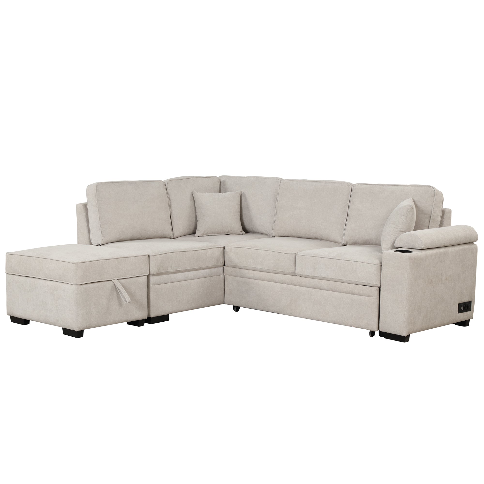 2-in-1 L-Shaped Sleeper Sofa Bed with Storage Ottoman – Beige Linen Convertible Couch for Small Spaces