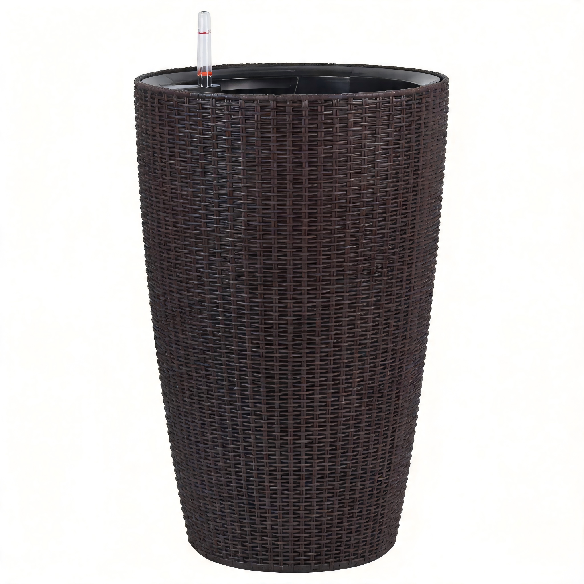 22" Brown Faux Rattan Planters – Self-Watering Tall Planters with Water Level Monitor (Set of 2)