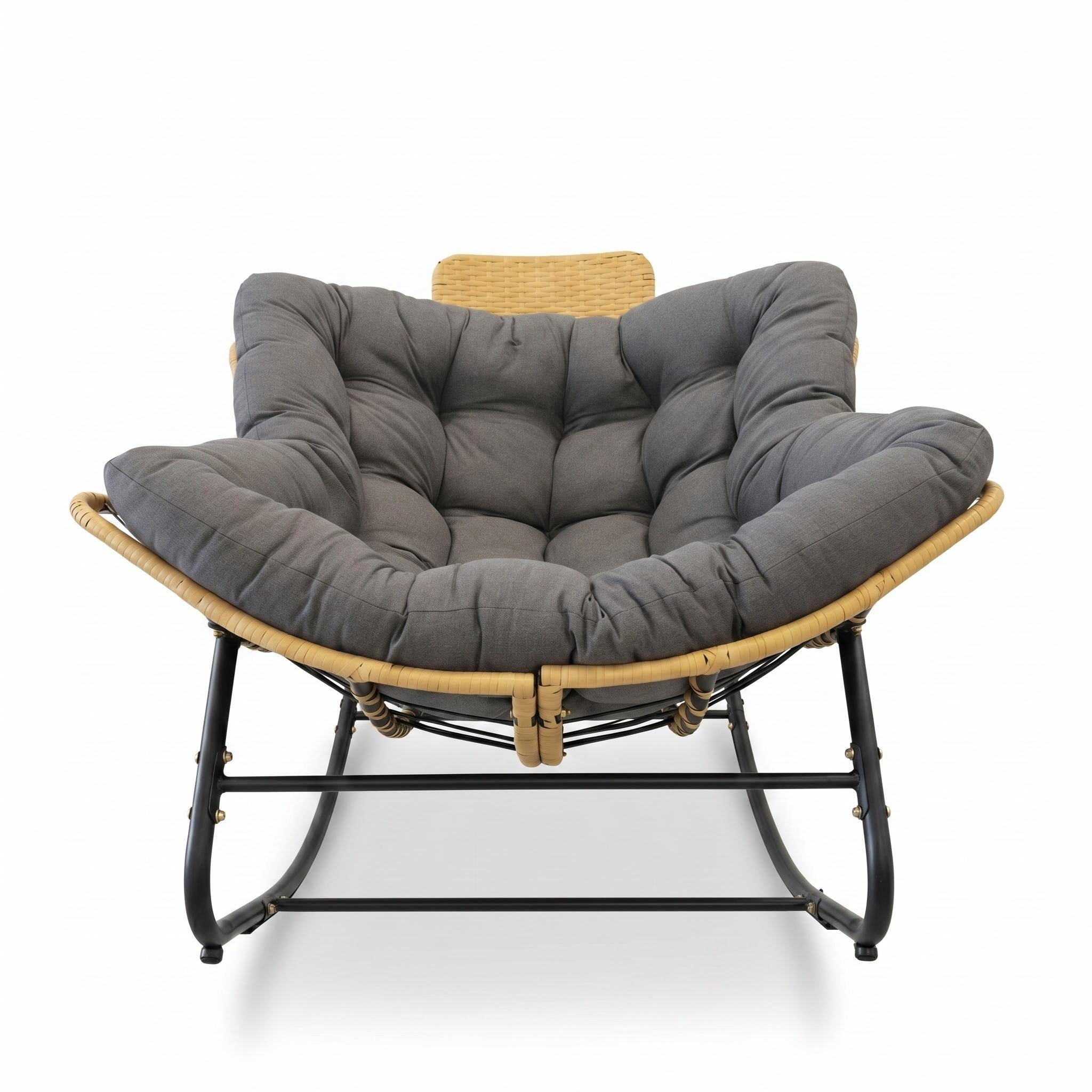 Oversized Papasan Rocking Chair – Thick Cushion & Handwoven Rattan Head Pillow, Dark Grey Metal Frame for Outdoor Lounging