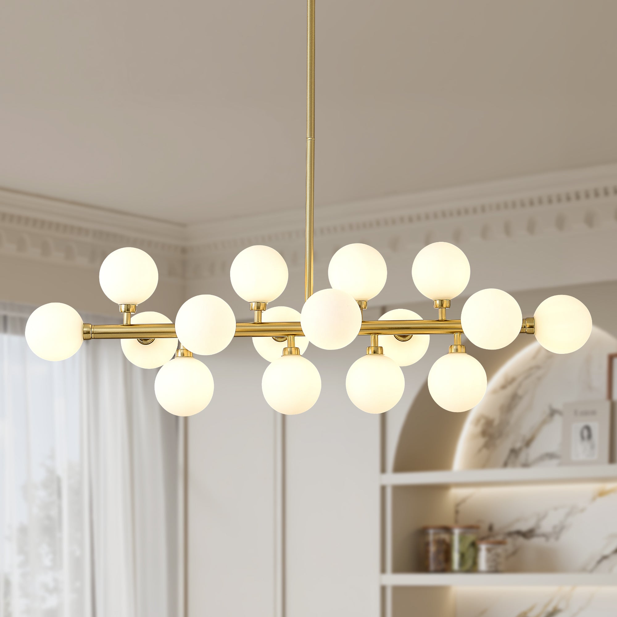Modern Farmhouse Gold Linear Pendant Light | 16-Bulb Opal Glass Chandelier for Kitchen Island & Dining Table