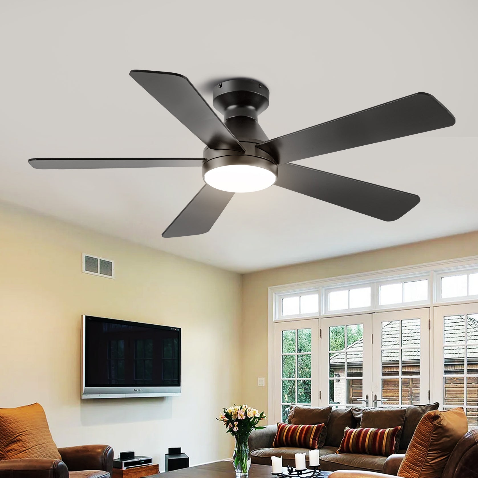 Ceiling Fans with Lights, 52 inch Low Profile Ceiling fan with Light and Remote Control, Flush Mount, Reversible, 3CCT, Dimmable, Noiseless, Black Ceiling Fan for Bedroom, Indoor/Outdoor Use