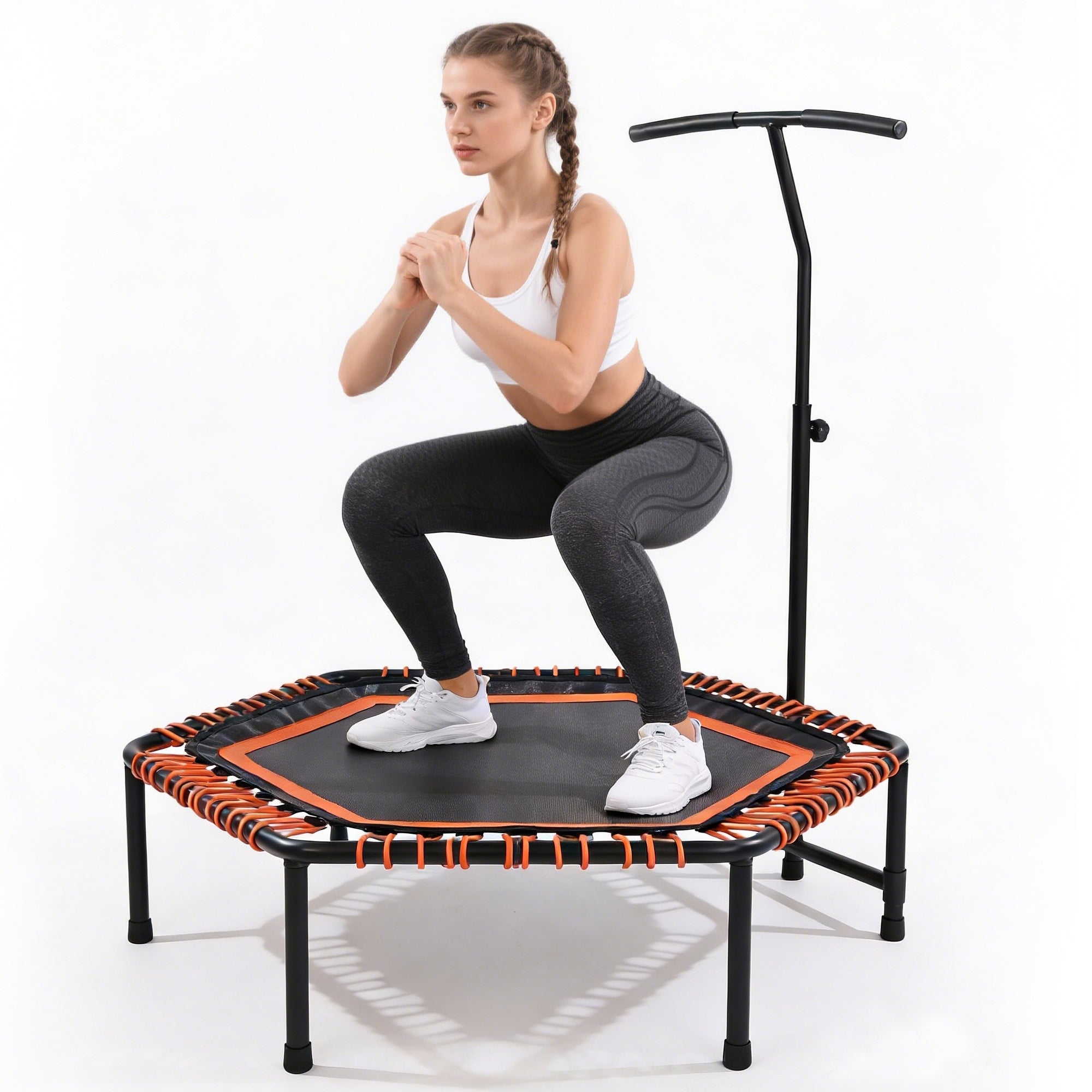 48' Mini Rebounder for Adults with Adjustable Handle Bar, Bungee Ropes, Stable & Quiet, Indoor Outdoor, Whole-Body Workout & Relaxation ,Fitness Trampoline for Home and Gym, Cardio & Strength Training