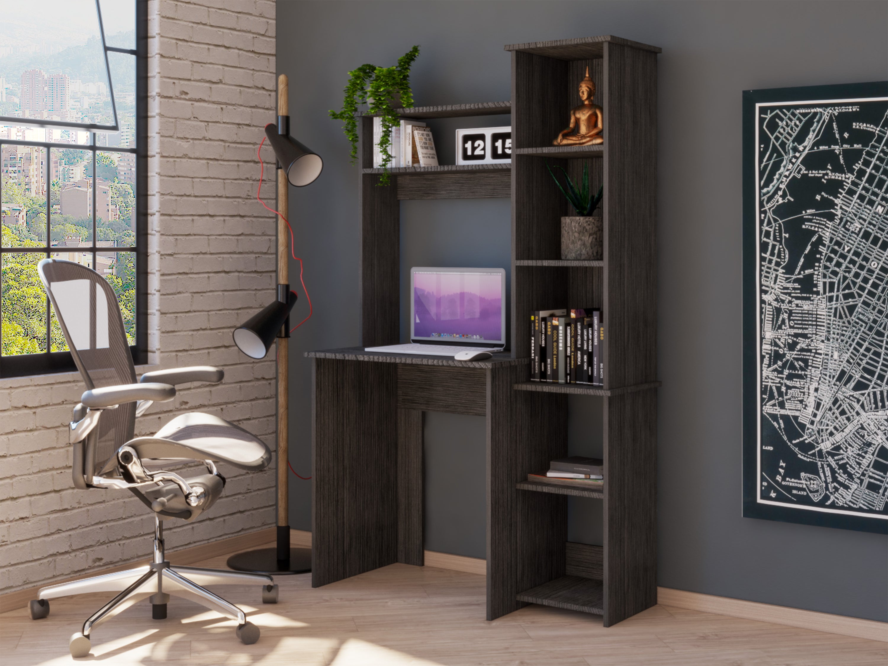 Aramis Desk with 5 Shelves – Smokey Oak Writing Desk with 2 Upper Shelves, Home Office Study Table