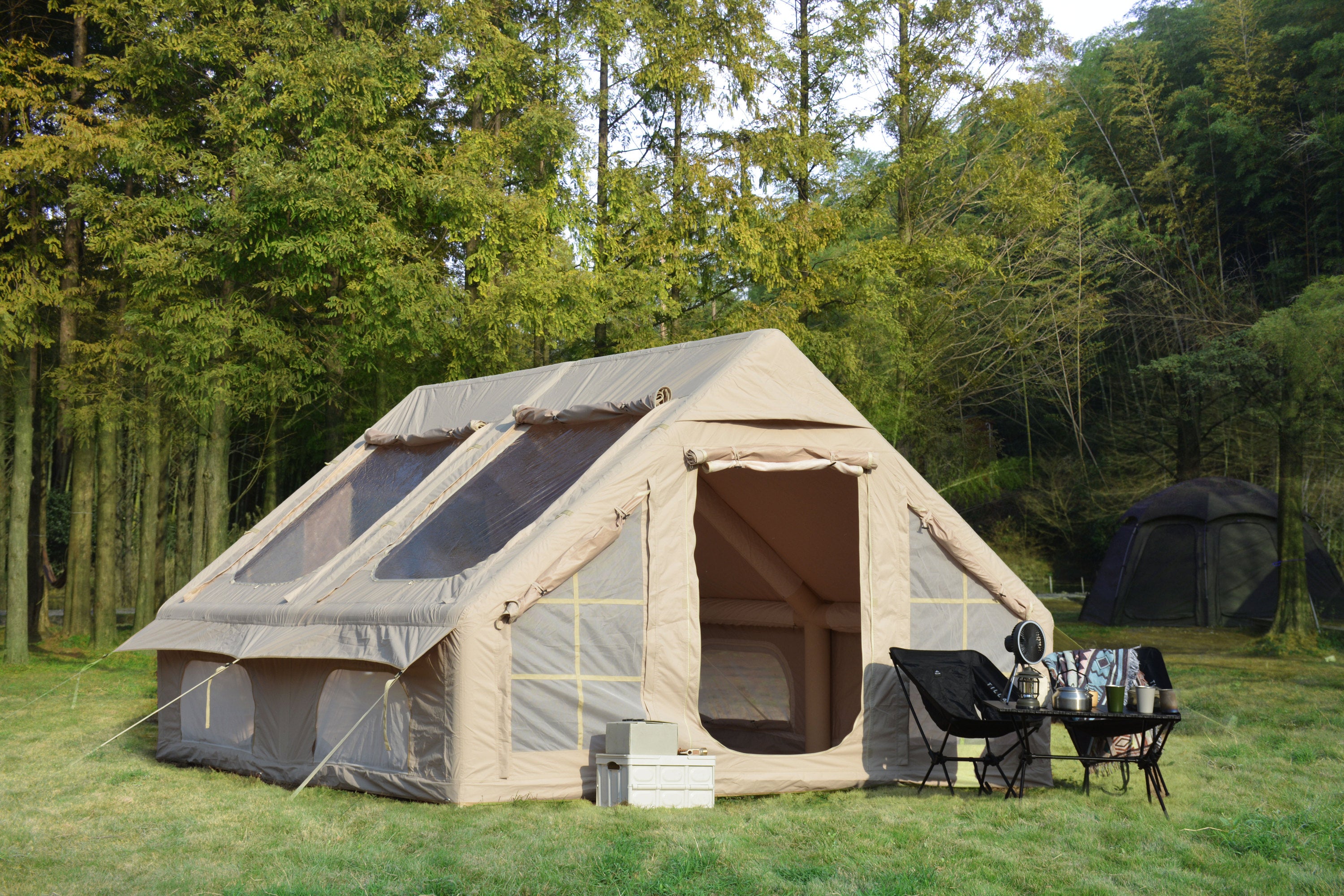 9.8'x13' Inflatable Camping Tent – Air Glamping Cabin Tent with Chimney Window, Waterproof & Windproof, Beige