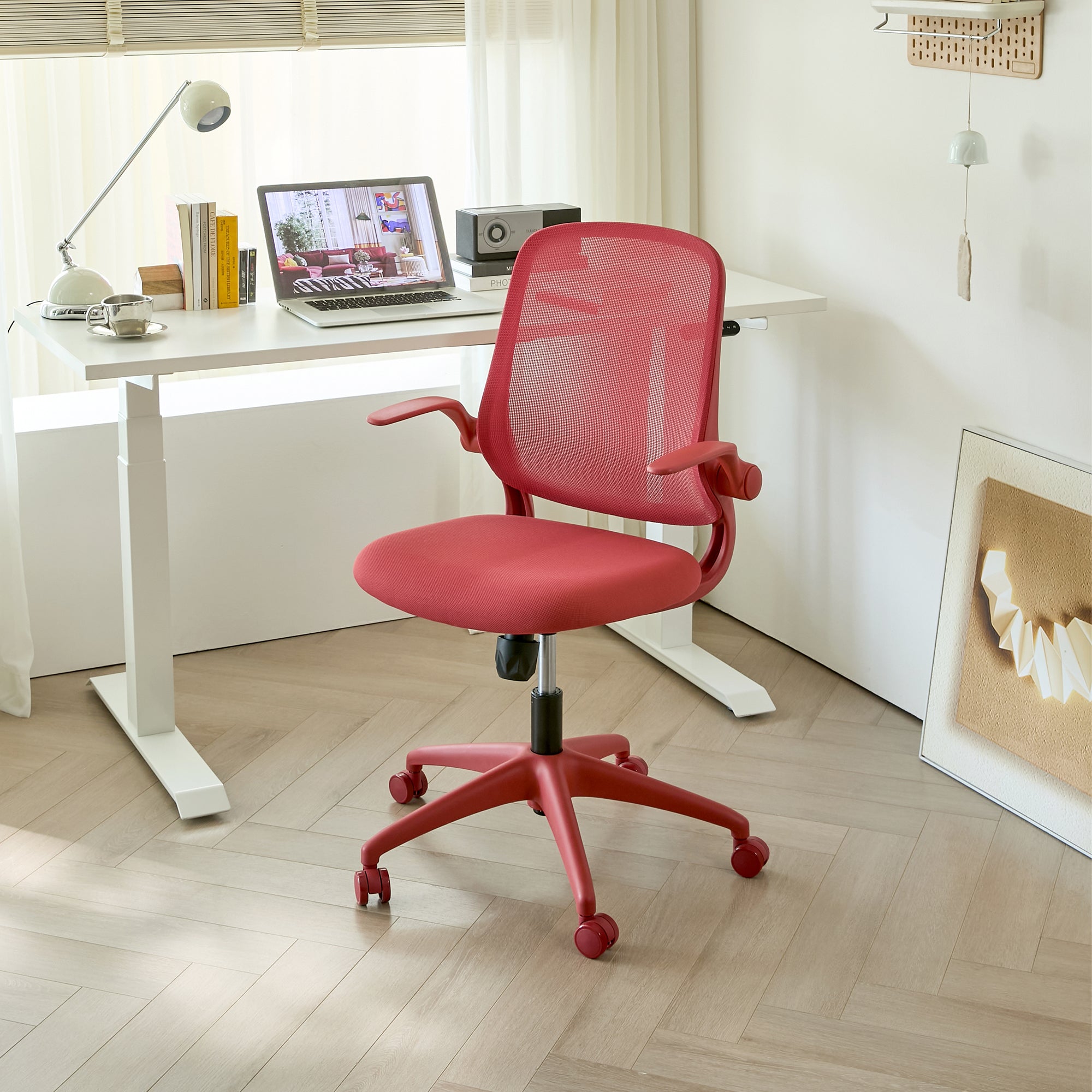 Red Ergonomic Office Chair – Mesh Desk Chair with Flip-Up Arms, Molded Foam Seat & Height Adjustable Swivel