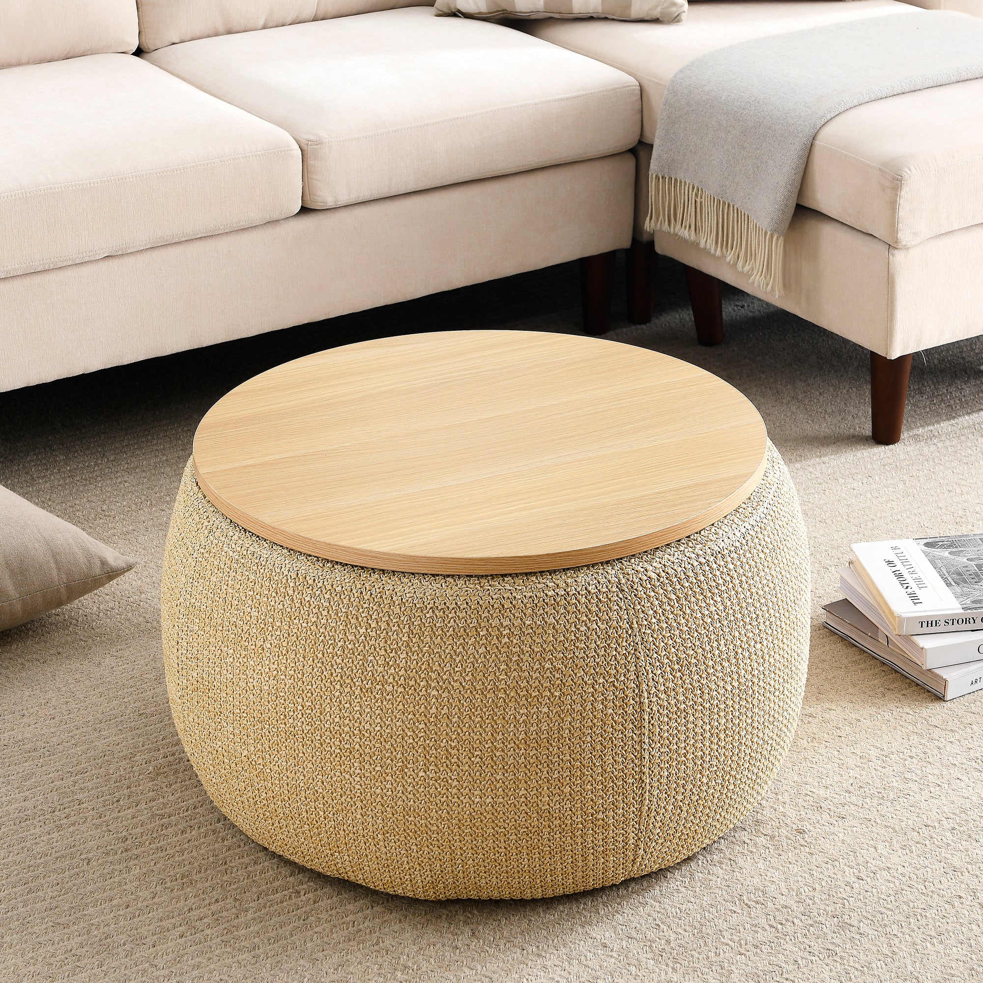 25.5" Round Natural Storage Ottoman – 2-in-1 Coffee Table & Ottoman, Upholstered Footstool with Hidden Storage