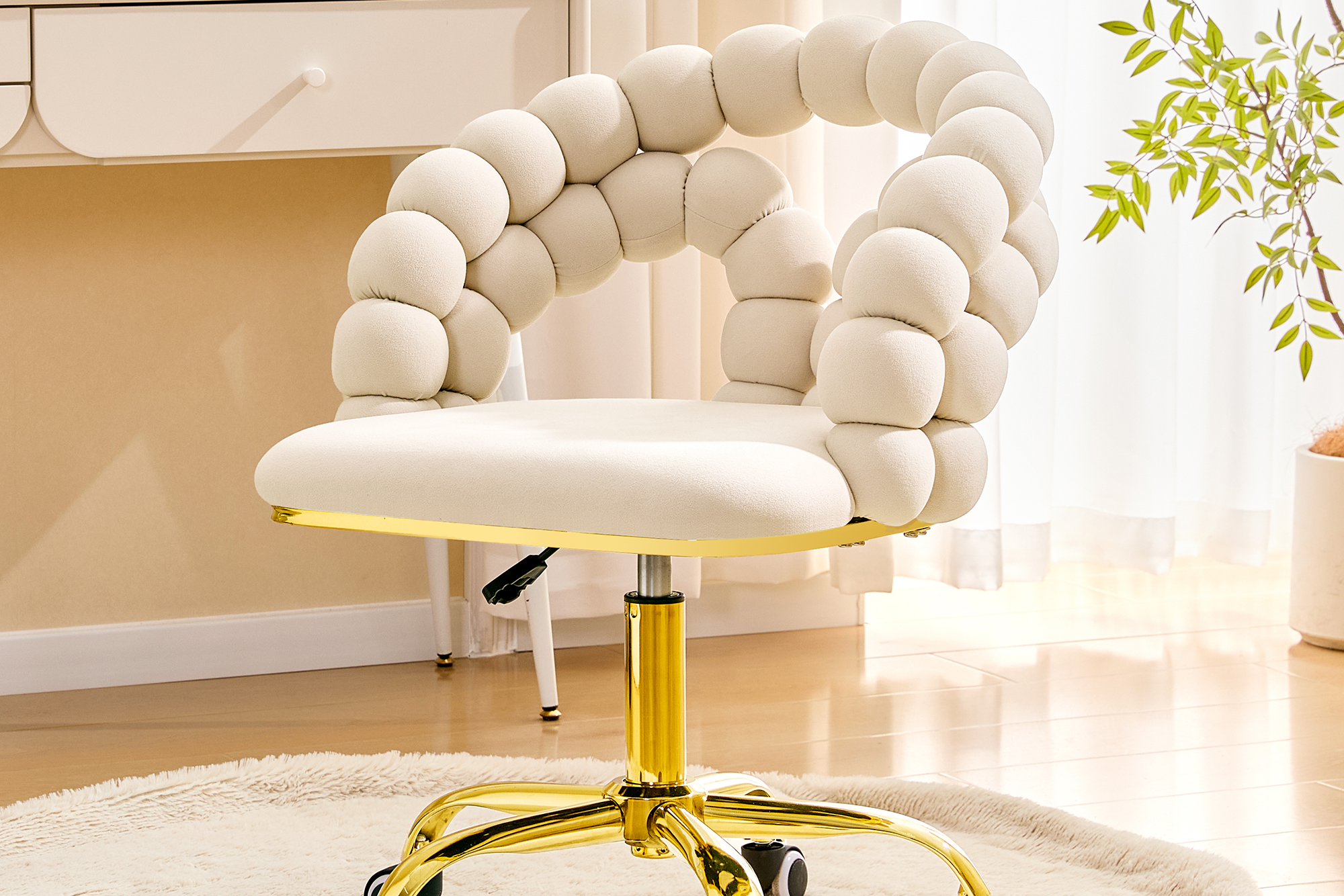 Beige Velvet Adjustable Desk Chair – Modern Bubble Back Swivel Chair with Gold Base, Rolling Vanity & Office Chair