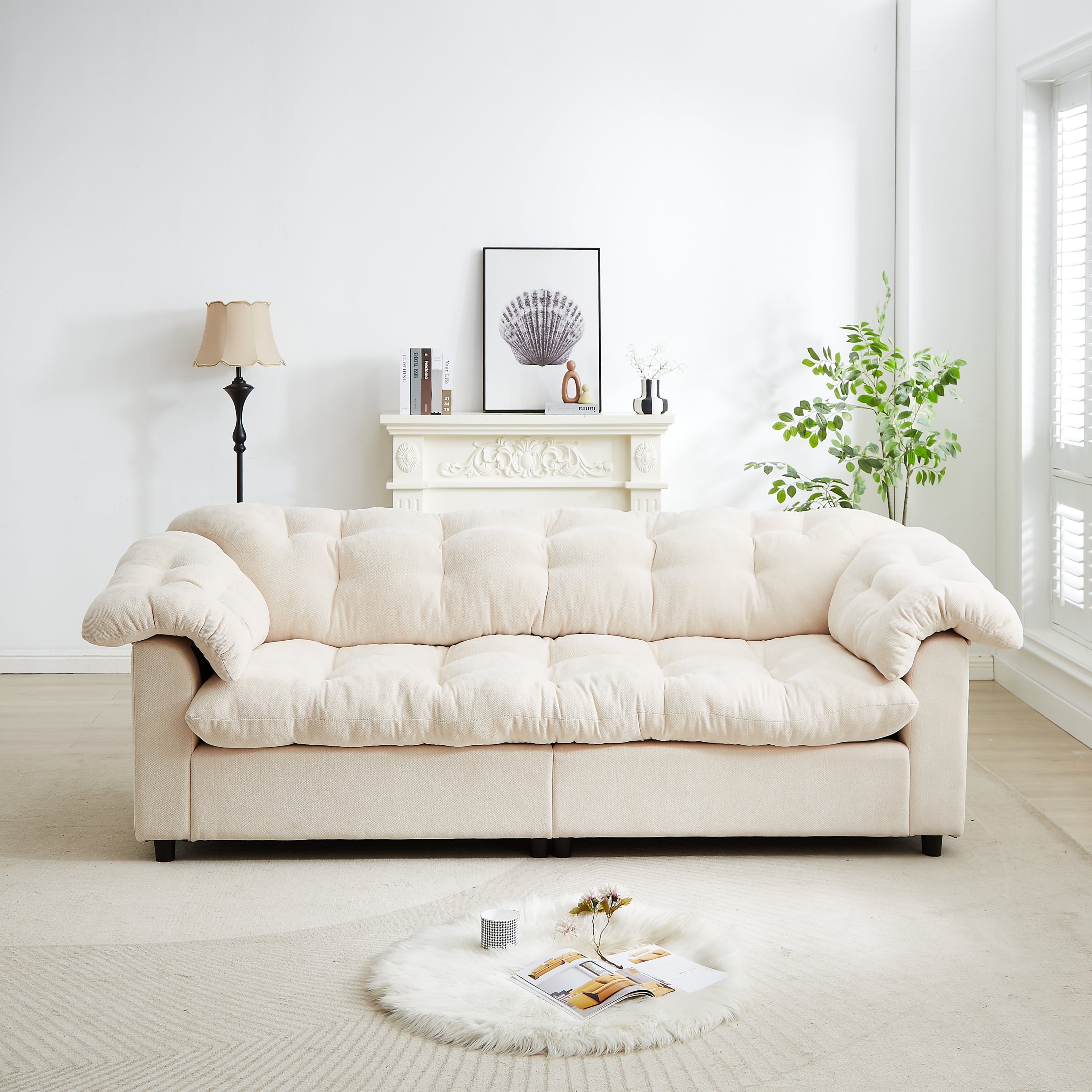 94.8" Modern Chenille Cloud Sofa – Extra Deep Seat Upholstered Sectional, Oversized Plush Boucle Couch in Beige for Living Room & Office
