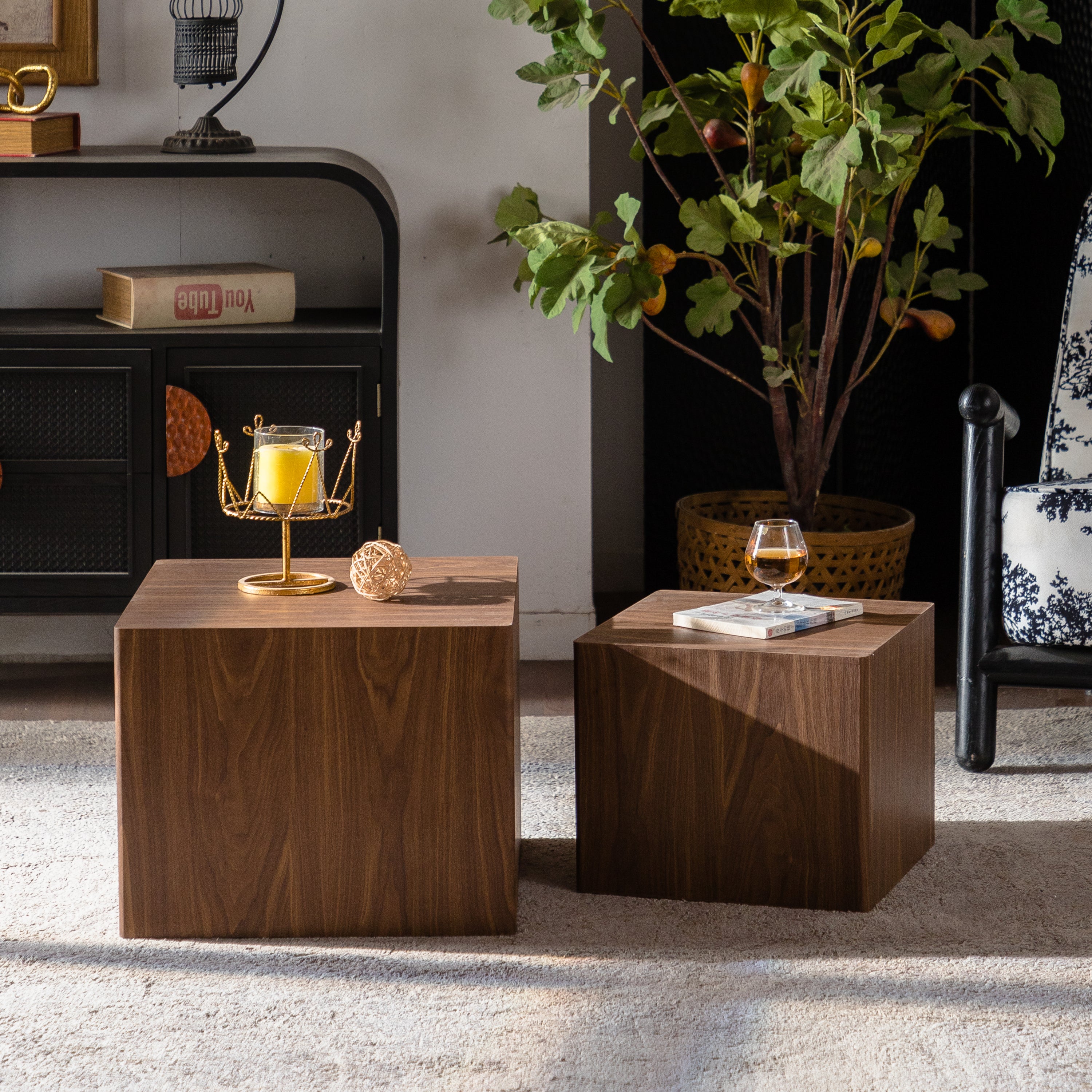 Set of 2 Walnut Nesting Cube Coffee Table Set, Modern MDF Wood Grain Sticker Side Tables for Small Spaces - Fully Assembled, Living Room/Bedroom End Tables