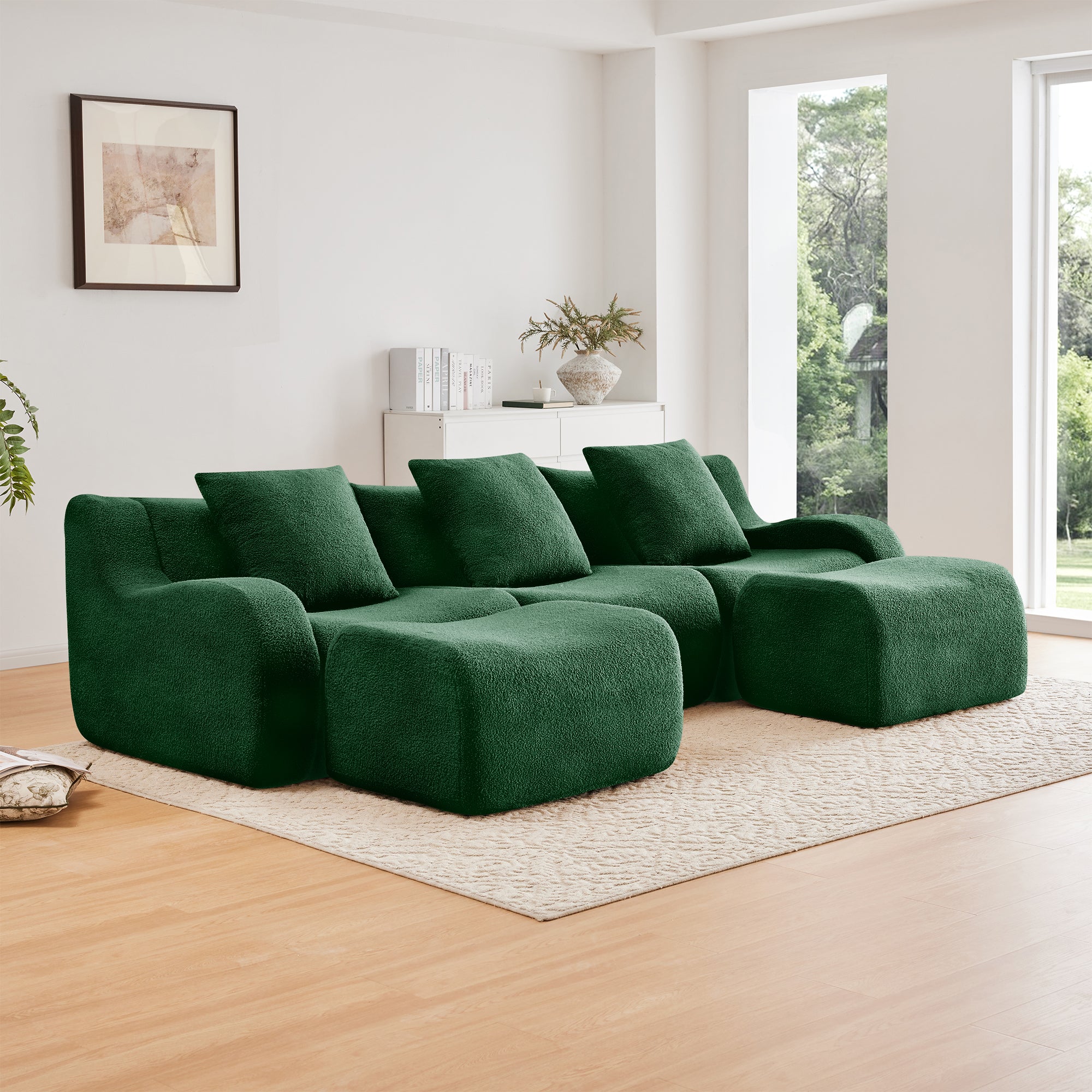 Green U-Shaped Boneless Sofa – Plush Teddy Fabric Couch with 32D High-Density Sponge, No Assembly Required, Anti-Slip Base for Living Room & Reading Nook