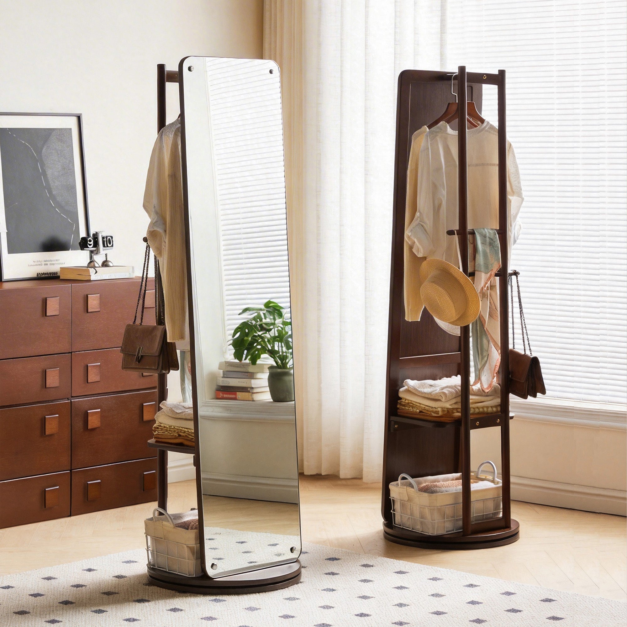 Rotating Full Length Mirror with Clothes Rack, Freestanding Solid Wood Storage Mirror for Bedroom Living Room