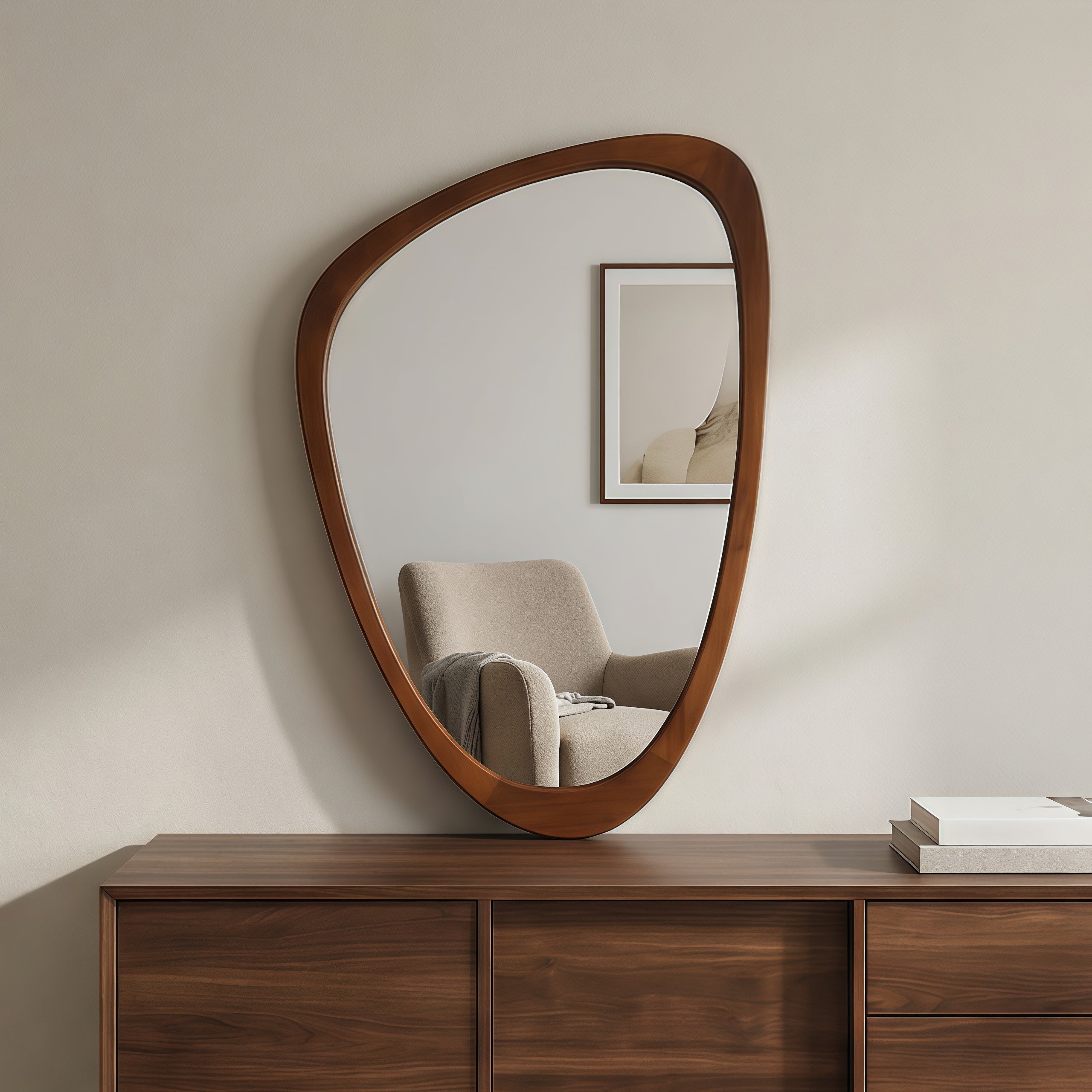 Black Walnut Wood Color 24'x36' Irregular Solid Wood Frame Decorative Mirror,For Bedroom, Bathroom, Living Room, Entryway