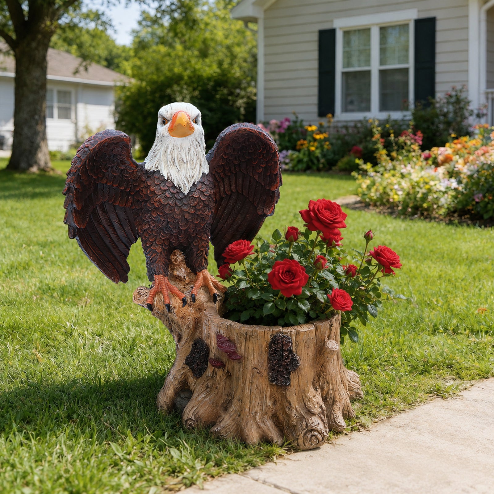Majestic Eagle Garden Planter – Spread Wings Polyresin Flower Pot on Tree Stump Base, Outdoor Wildlife Décor for Patio & Lawn