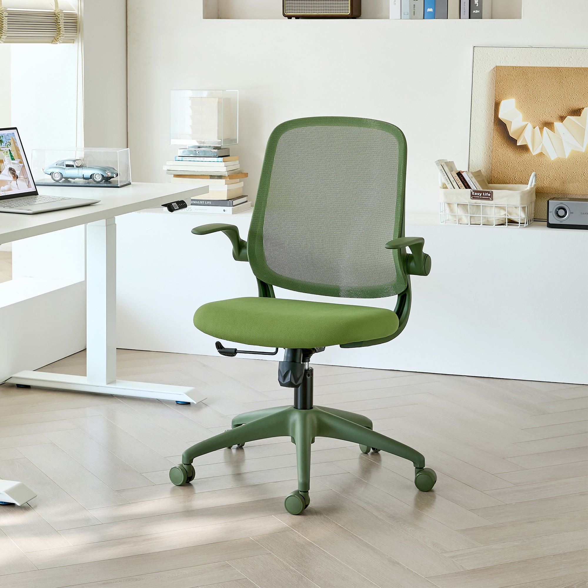 Green Ergonomic Office Chair – Mesh Desk Chair with Flip-Up Arms, Molded Foam Seat & Height Adjustable Swivel