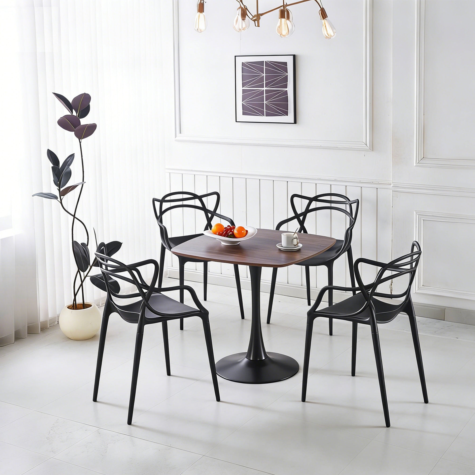 5-Piece Mid-Century Dining Set – Black MDF Pedestal Table with 4 Chairs, Metal Leg Dining Table for 4-6, Includes Coffee & End Tables