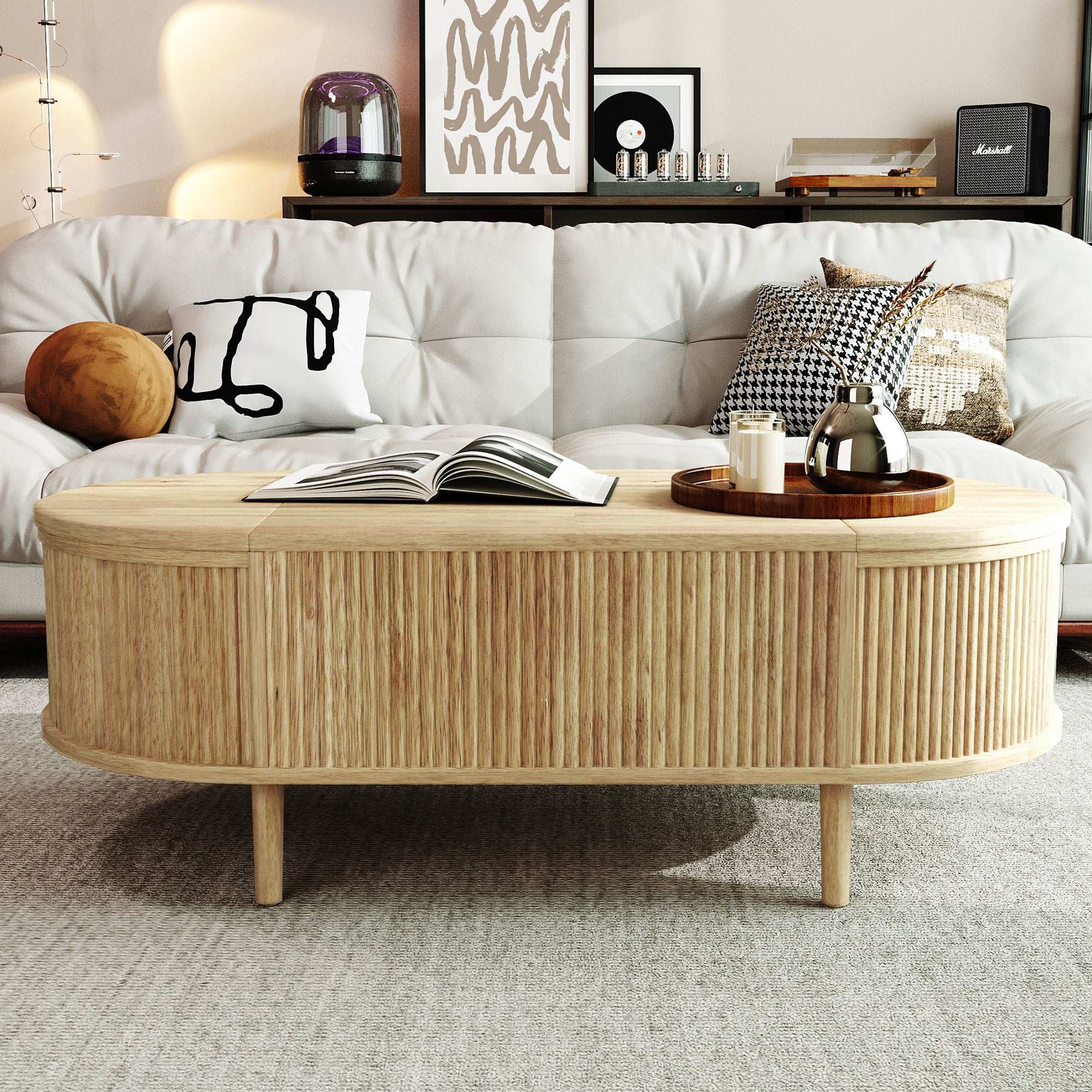 U-Can Minimalist Oval Lift-Top Coffee Table – Hidden Storage with Wood Wave Grain Finish